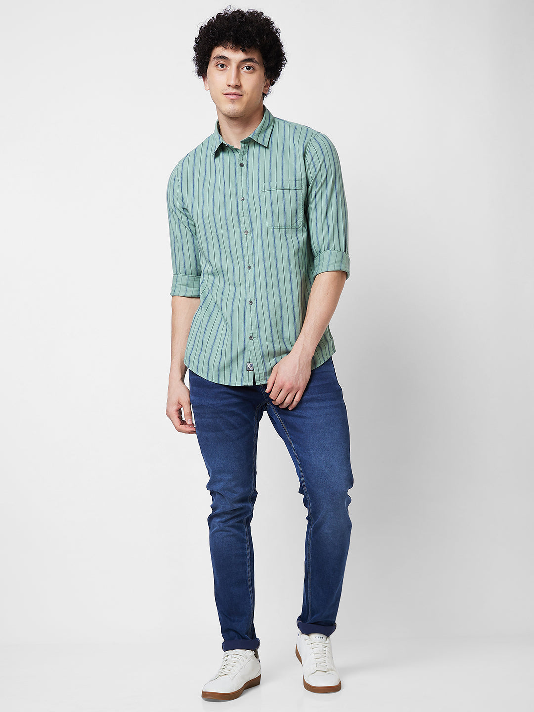 Spykar Green STRIPED FULL SLEEVE Shirt For Men