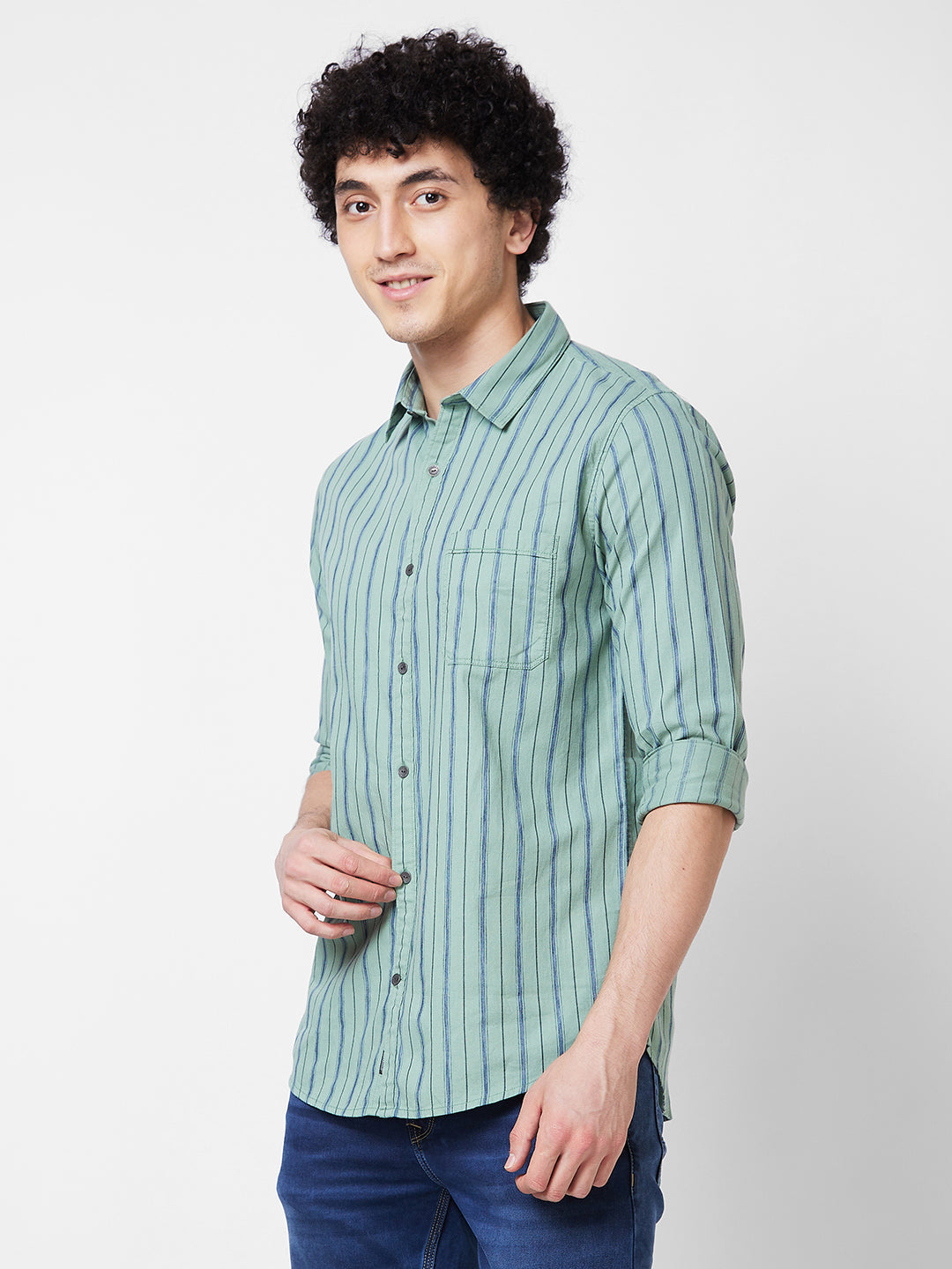 Spykar Green STRIPED FULL SLEEVE Shirt For Men