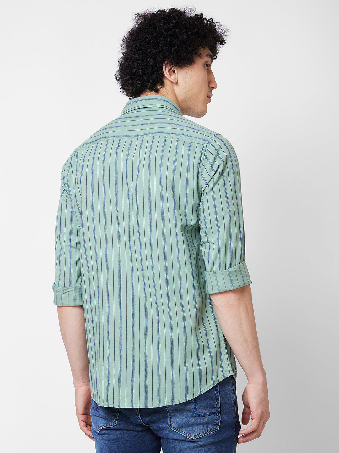 Spykar Green STRIPED FULL SLEEVE Shirt For Men