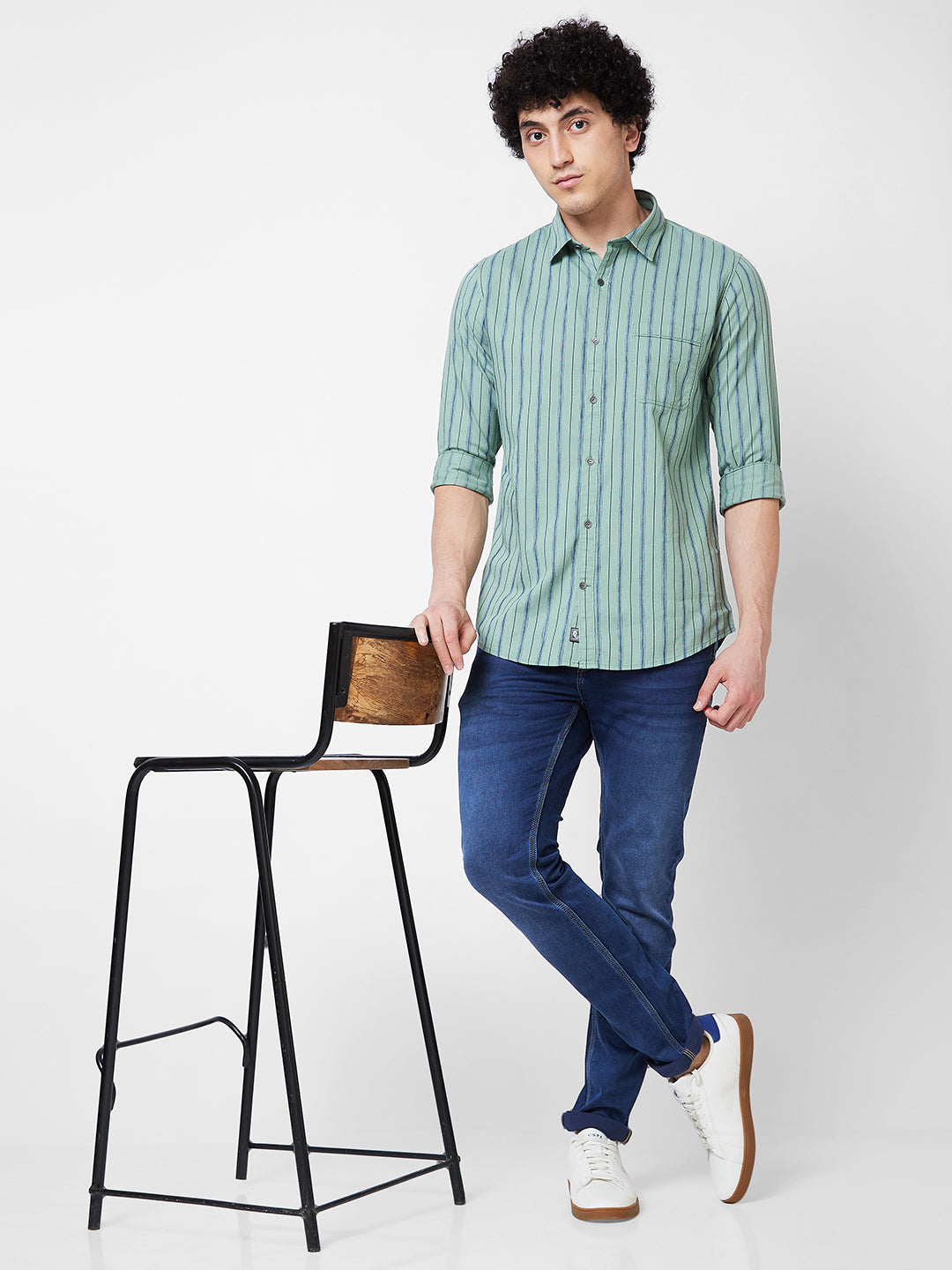 Spykar Green STRIPED FULL SLEEVE Shirt For Men