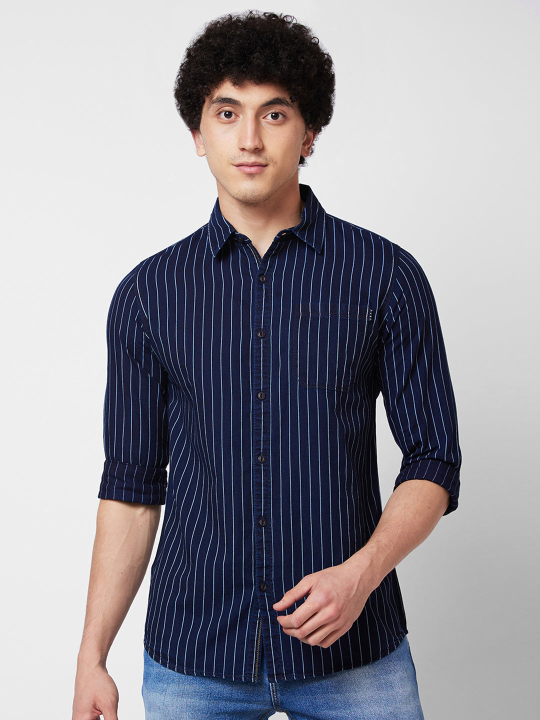 Spykar Blue STRIPED FULL SLEEVE Shirt For Men