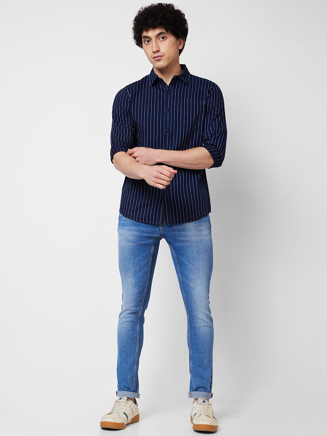 Spykar Blue STRIPED FULL SLEEVE Shirt For Men