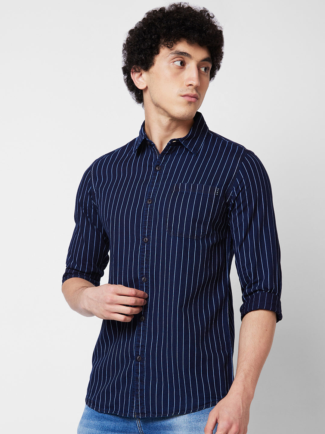 Spykar Blue STRIPED FULL SLEEVE Shirt For Men