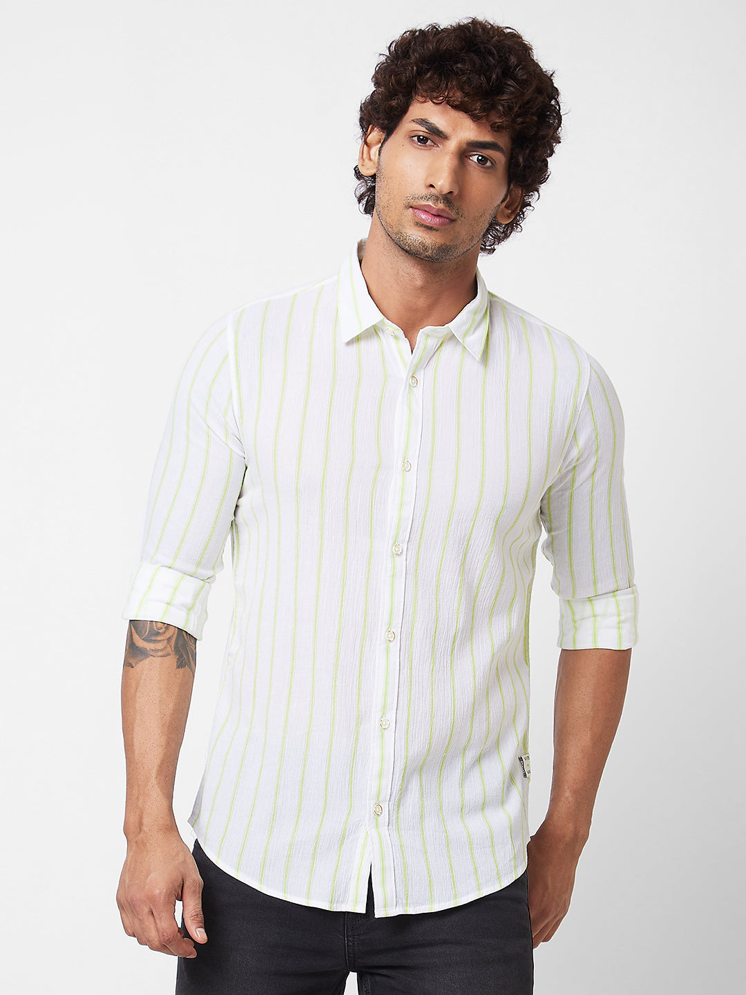 Spykar Green STRIPED FULL SLEEVE Shirt For Men