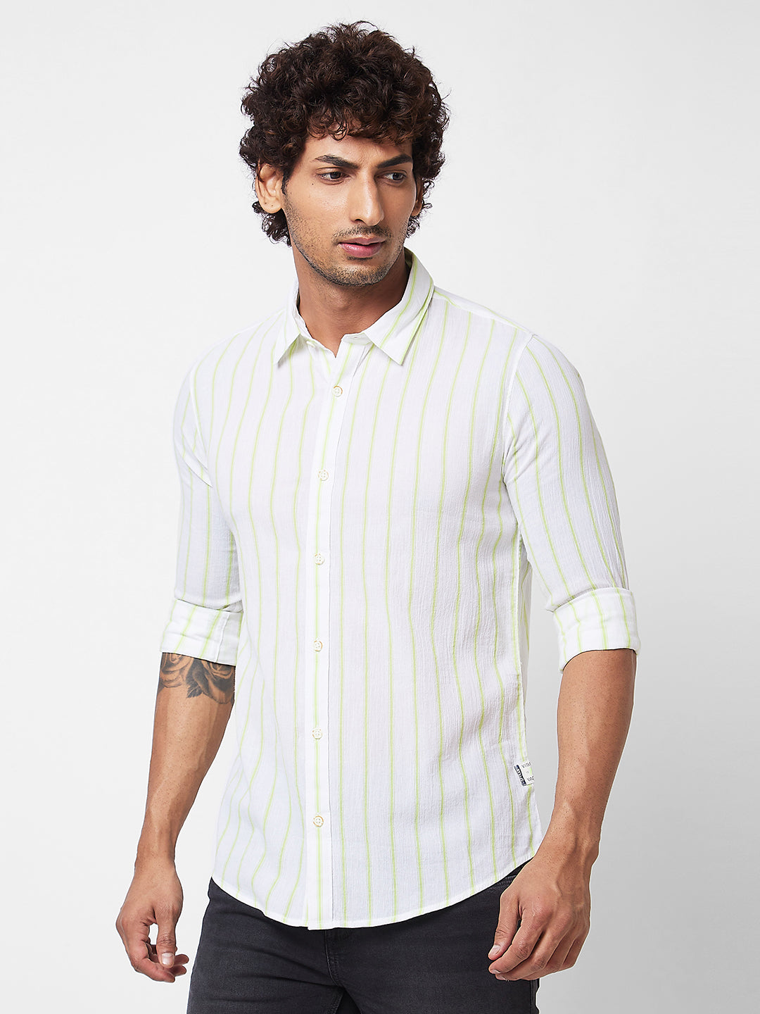 Spykar Green STRIPED FULL SLEEVE Shirt For Men