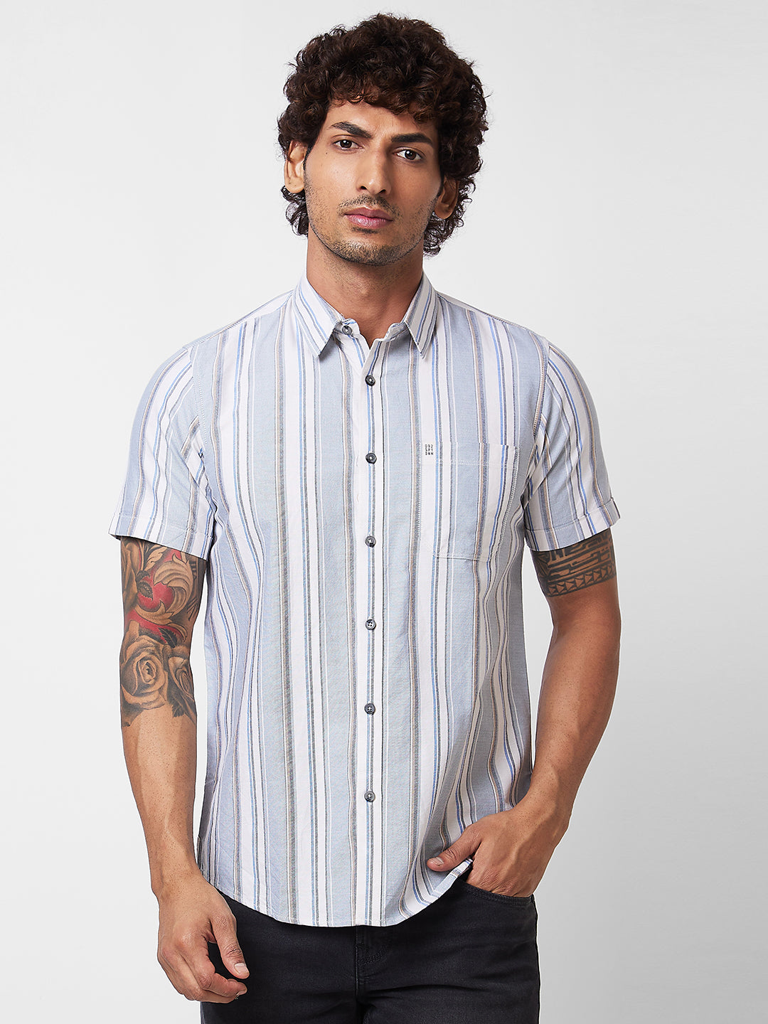 Spykar Grey CHECKED HALF SLEEVE Shirt For Men