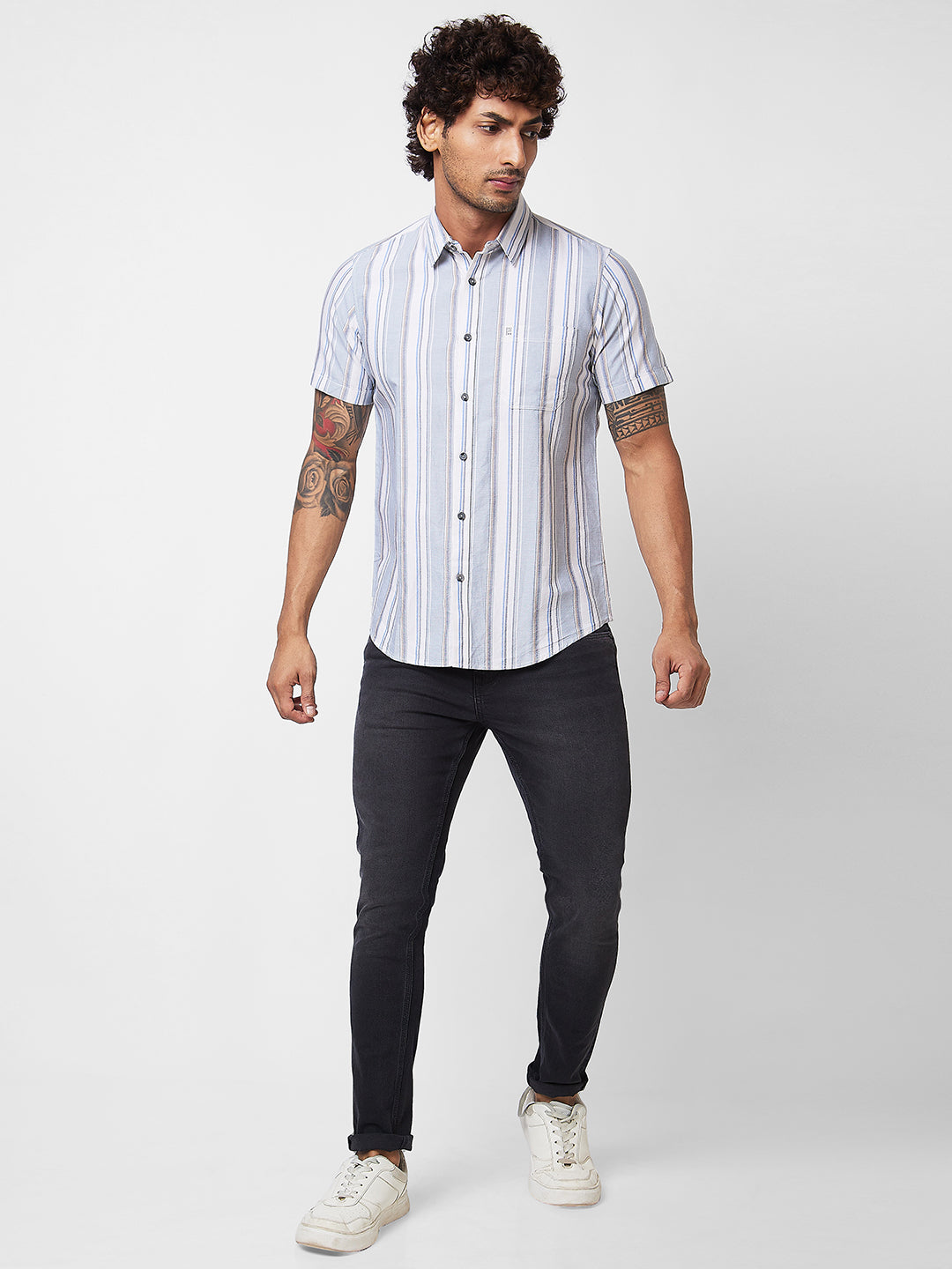 Spykar Grey CHECKED HALF SLEEVE Shirt For Men