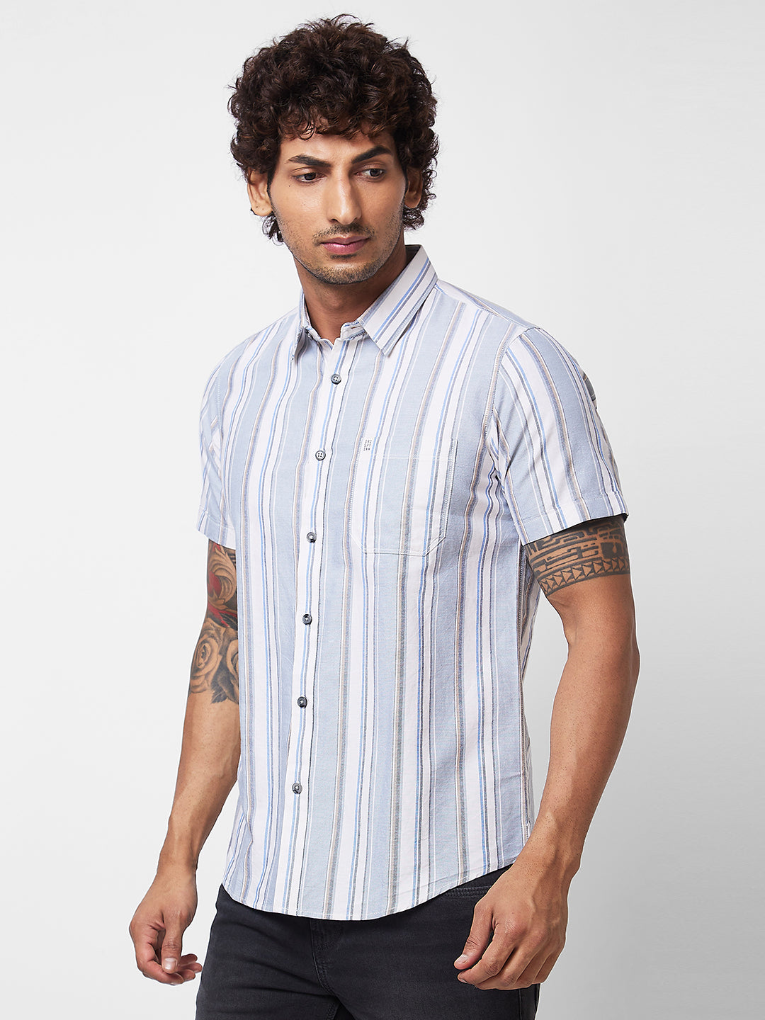 Spykar Grey CHECKED HALF SLEEVE Shirt For Men