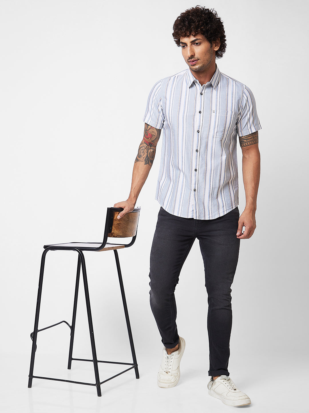 Spykar Grey CHECKED HALF SLEEVE Shirt For Men