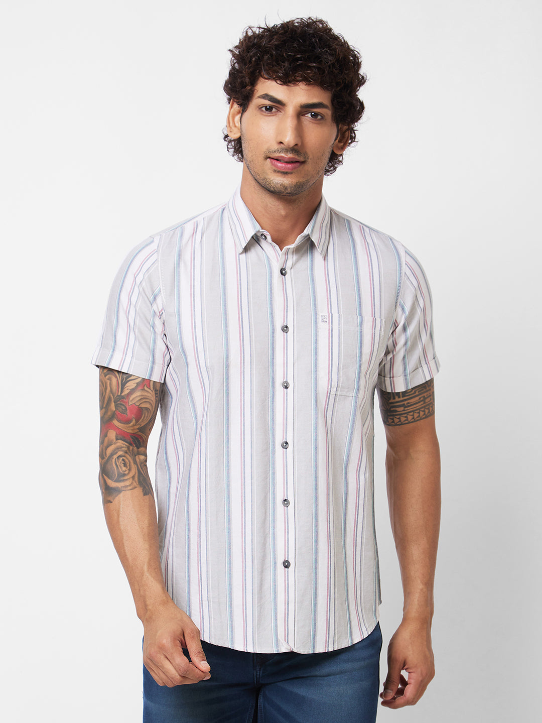 Spykar Grey CHECKED HALF SLEEVE Shirt For Men