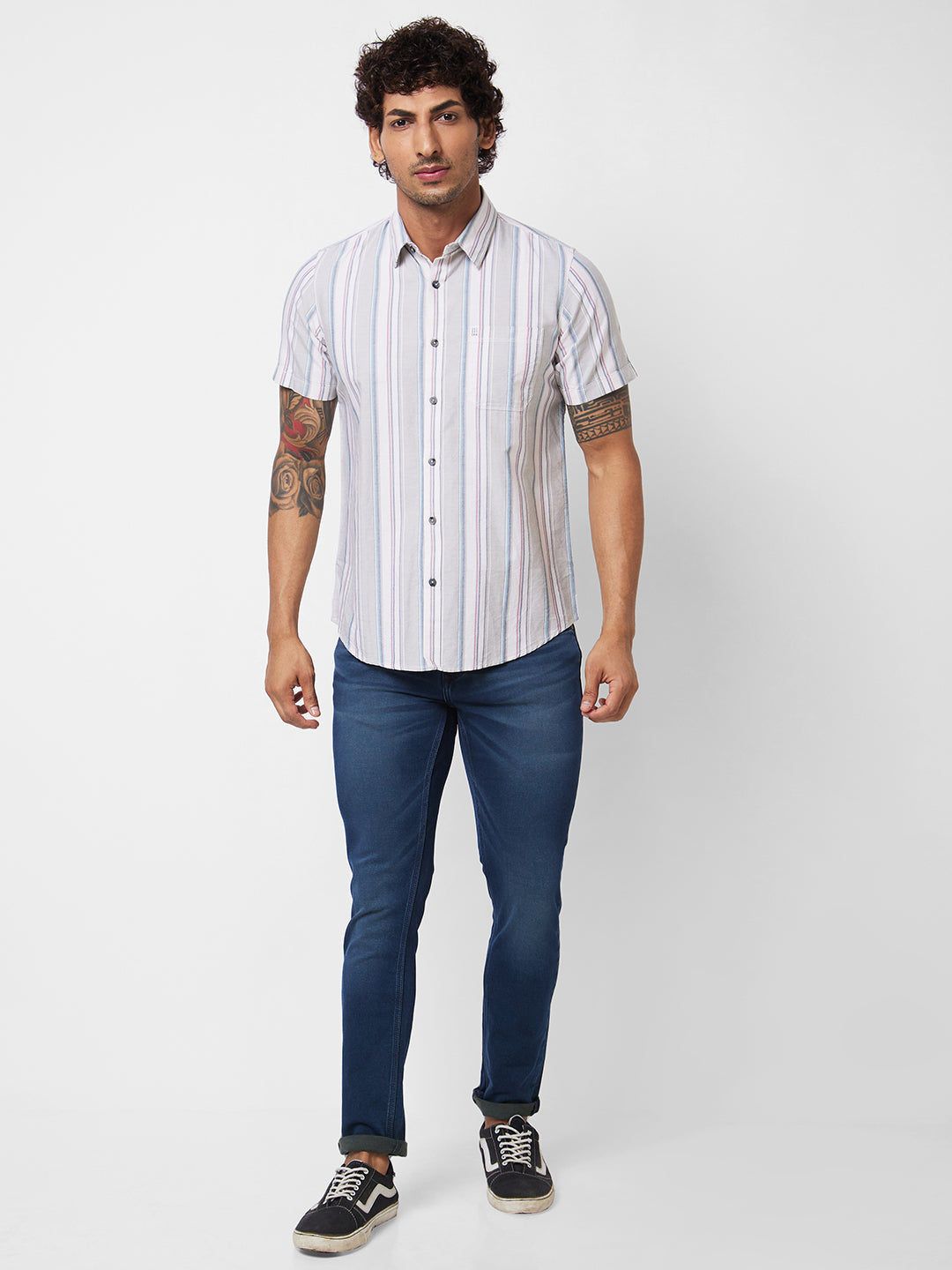 Spykar Grey CHECKED HALF SLEEVE Shirt For Men