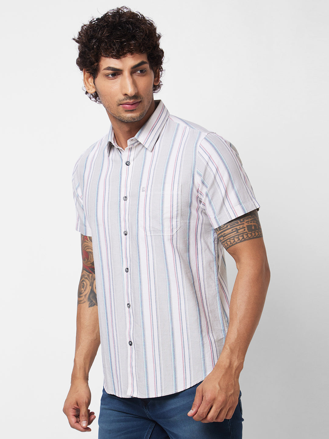 Spykar Grey CHECKED HALF SLEEVE Shirt For Men