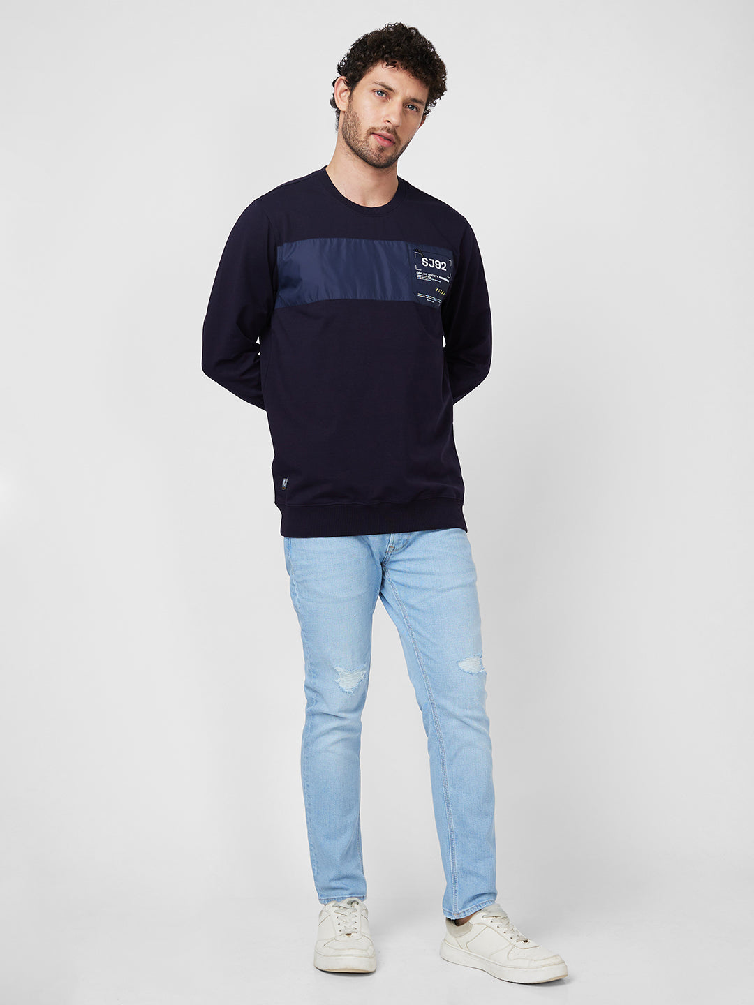 Spykar Slim Fit Round Neck Full Sleeve Blue Sweatshirt For Men