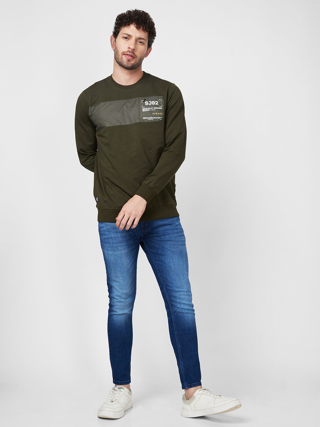 Spykar Slim Fit Round Neck Full Sleeve Green Sweatshirt For Men