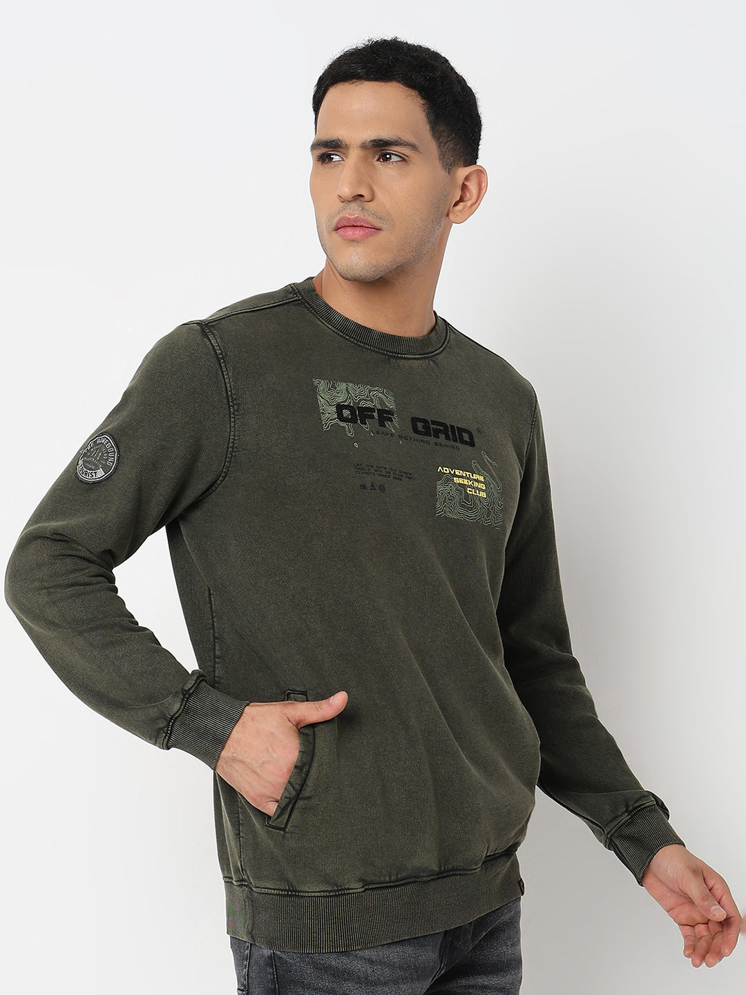 Spykar Round Neck Full Sleeves Green Sweatshirt For Men