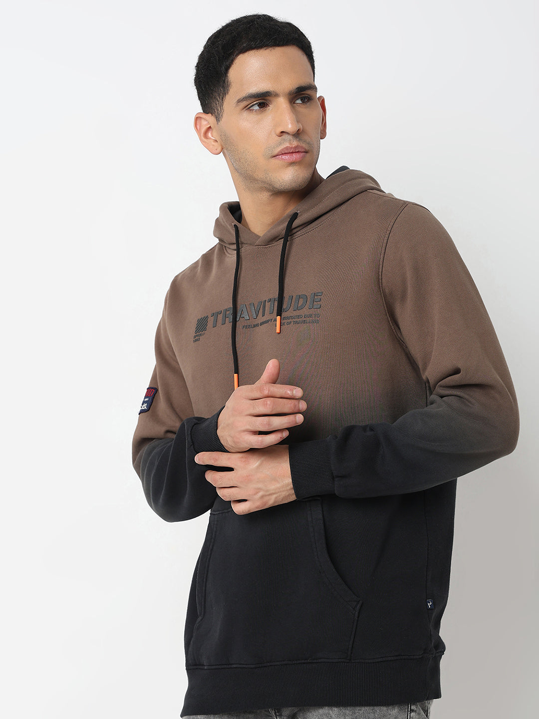 Spykar Hooded Full Sleeves Khaki Sweatshirt For Men