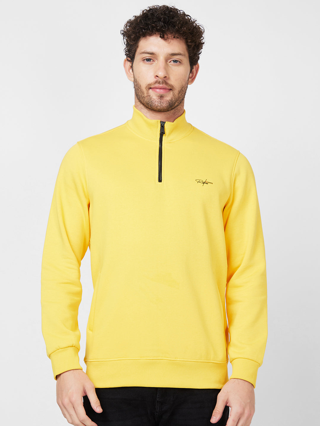 Spykar High Neck Full Sleeve Yellow Sweatshirt For Men