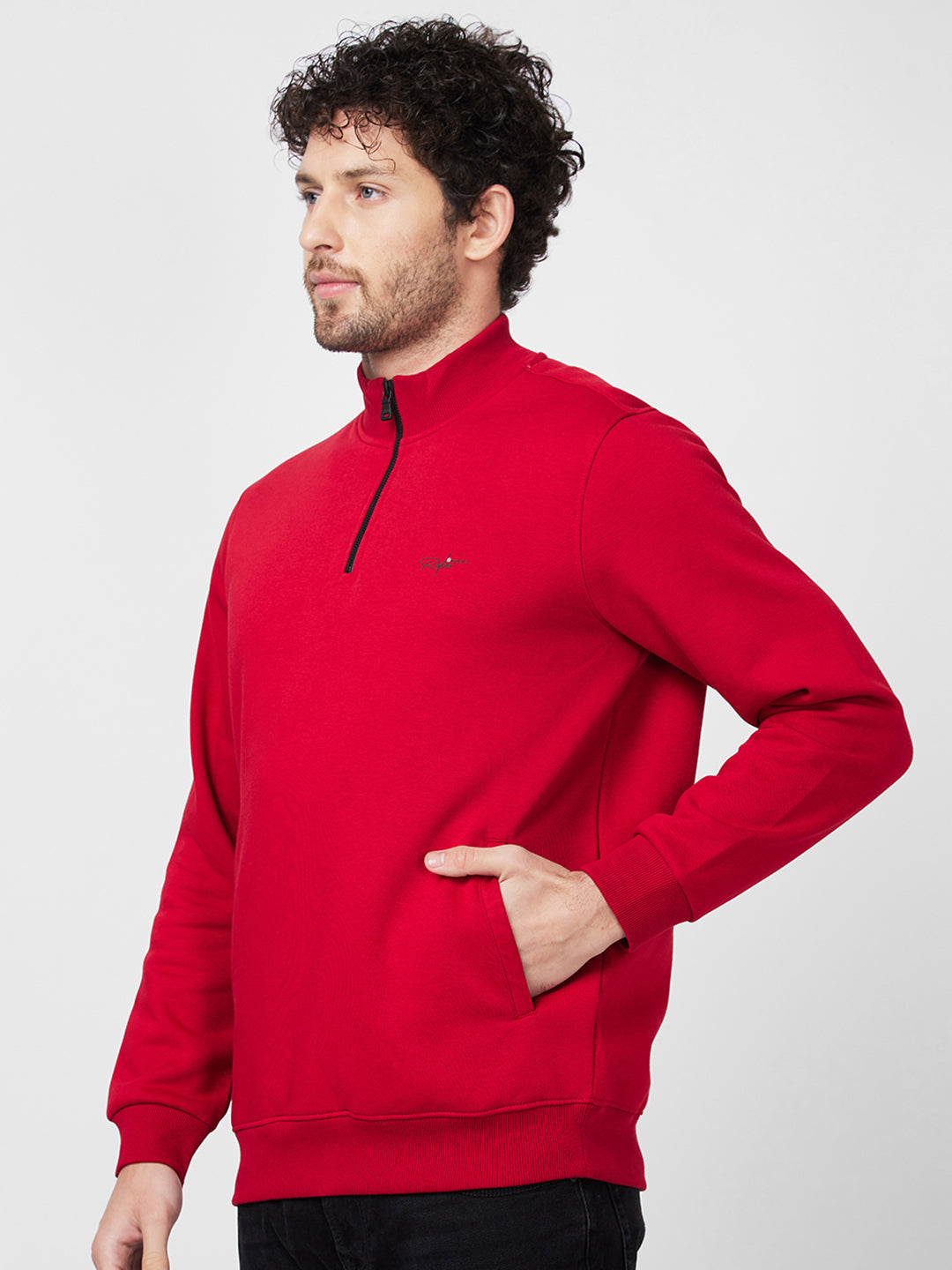 Spykar High Neck Full Sleeve Red Sweatshirt For Men