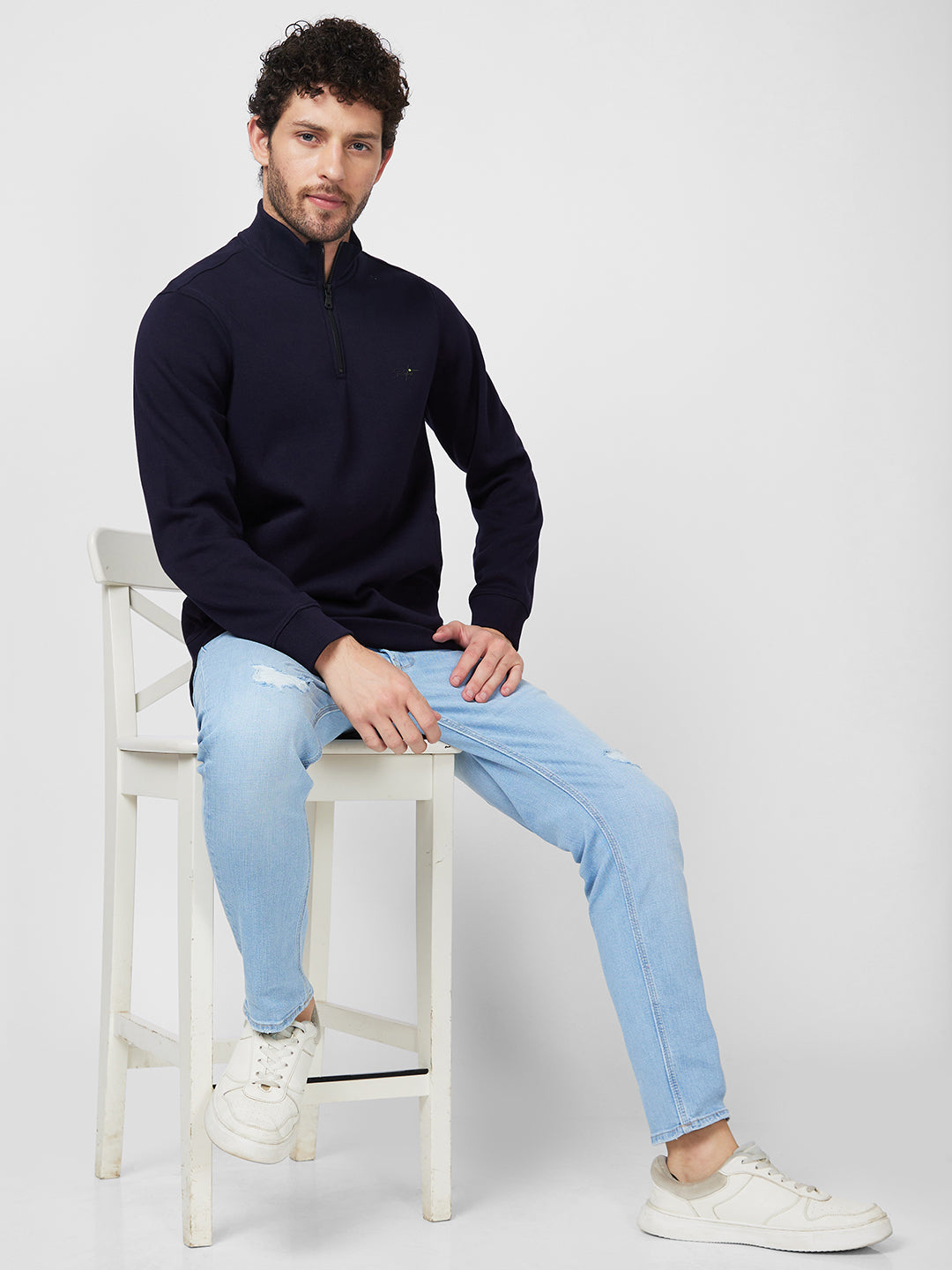 Spykar High Neck Full Sleeve Blue Sweatshirt For Men