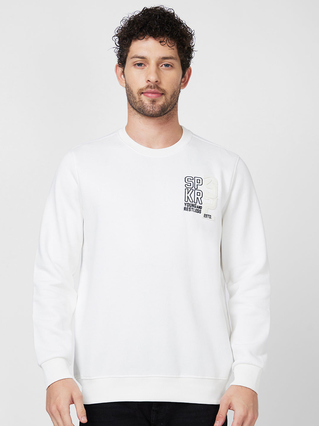 Spykar Slim Fit Round Neck Full Sleeve White Sweatshirt For Men