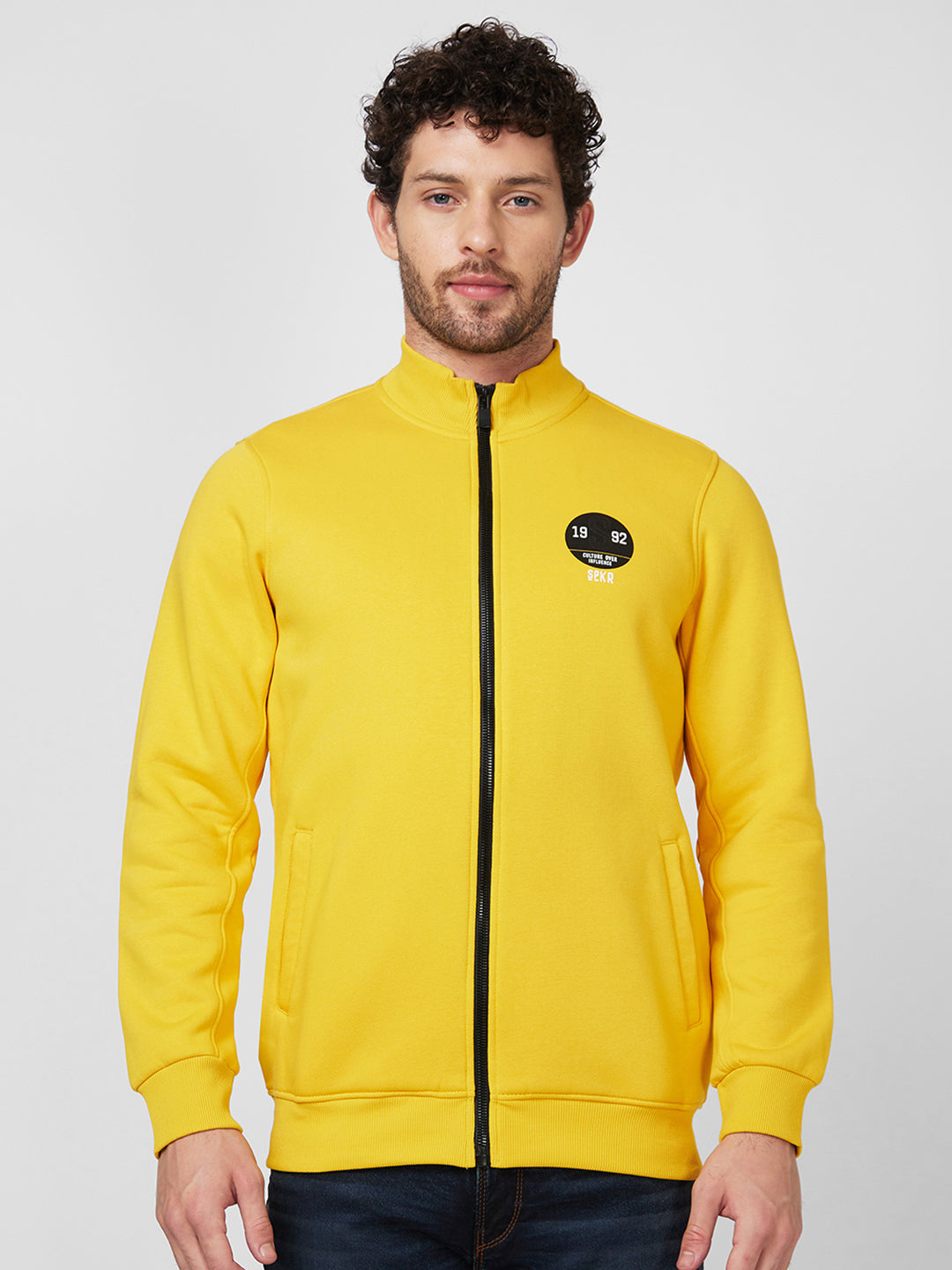 Spykar High Neck Full Sleeve Yellow Sweatshirt For Men