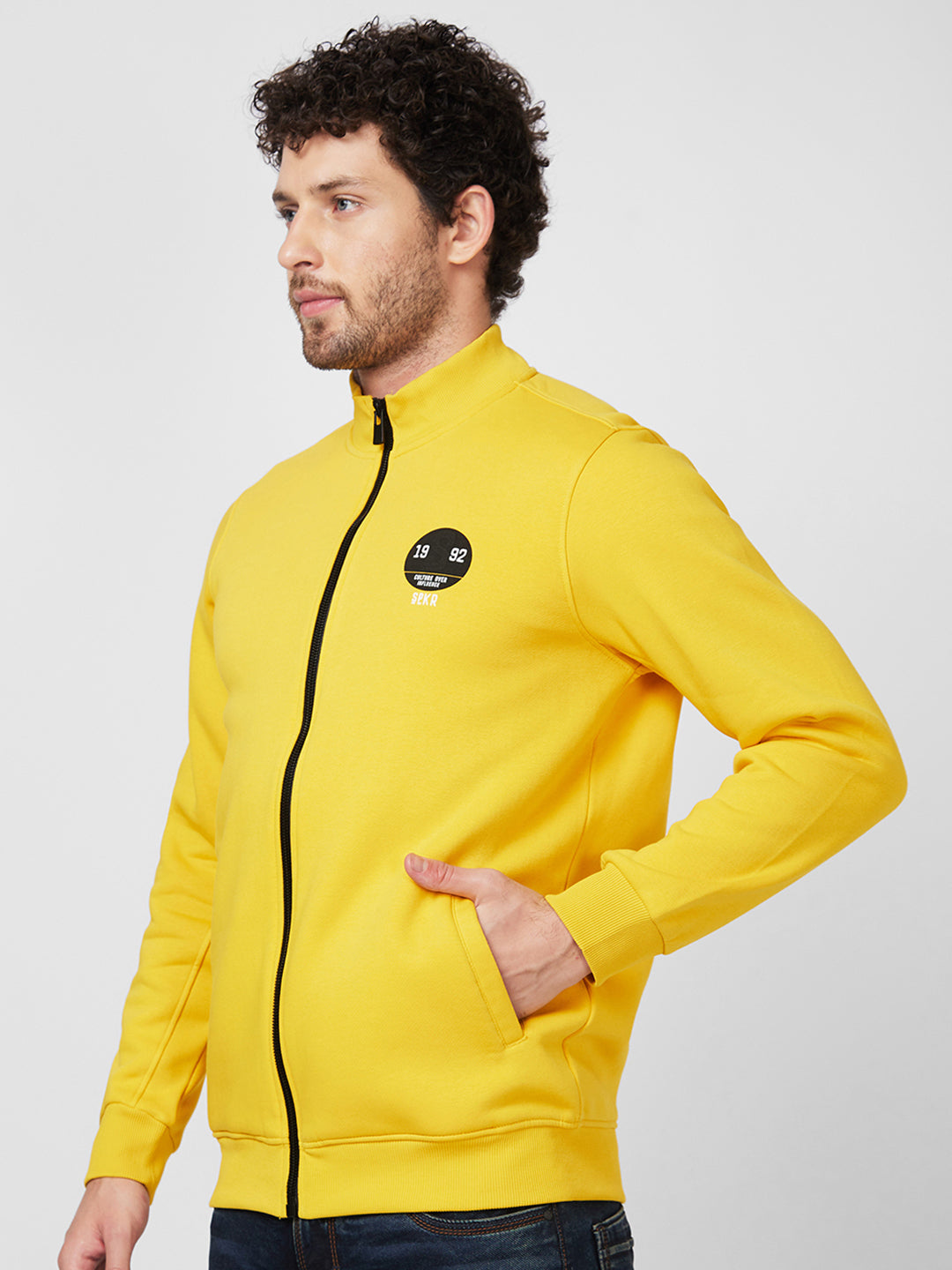 Spykar High Neck Full Sleeve Yellow Sweatshirt For Men