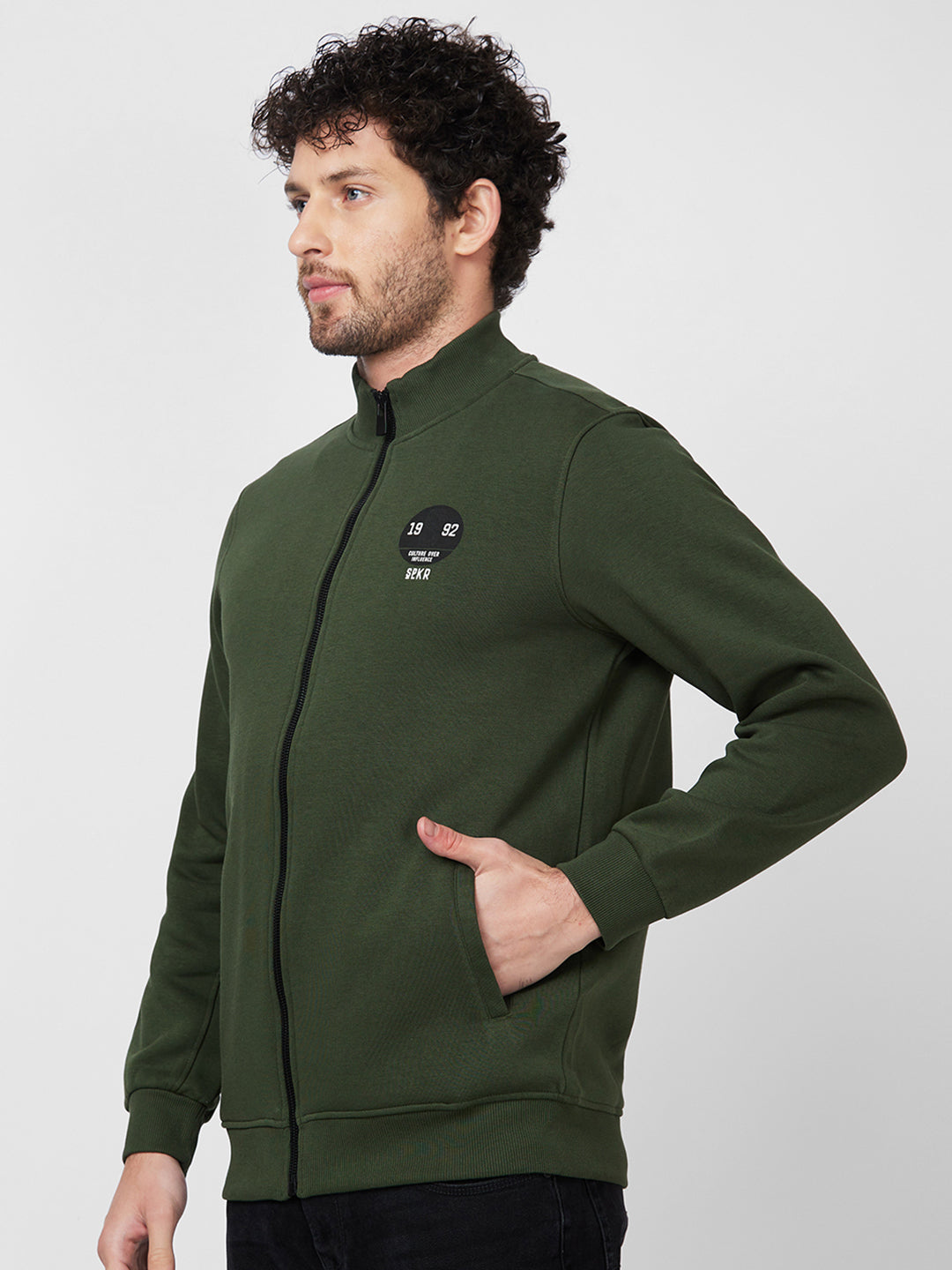Spykar High Neck Full Sleeve Green Sweatshirt For Men
