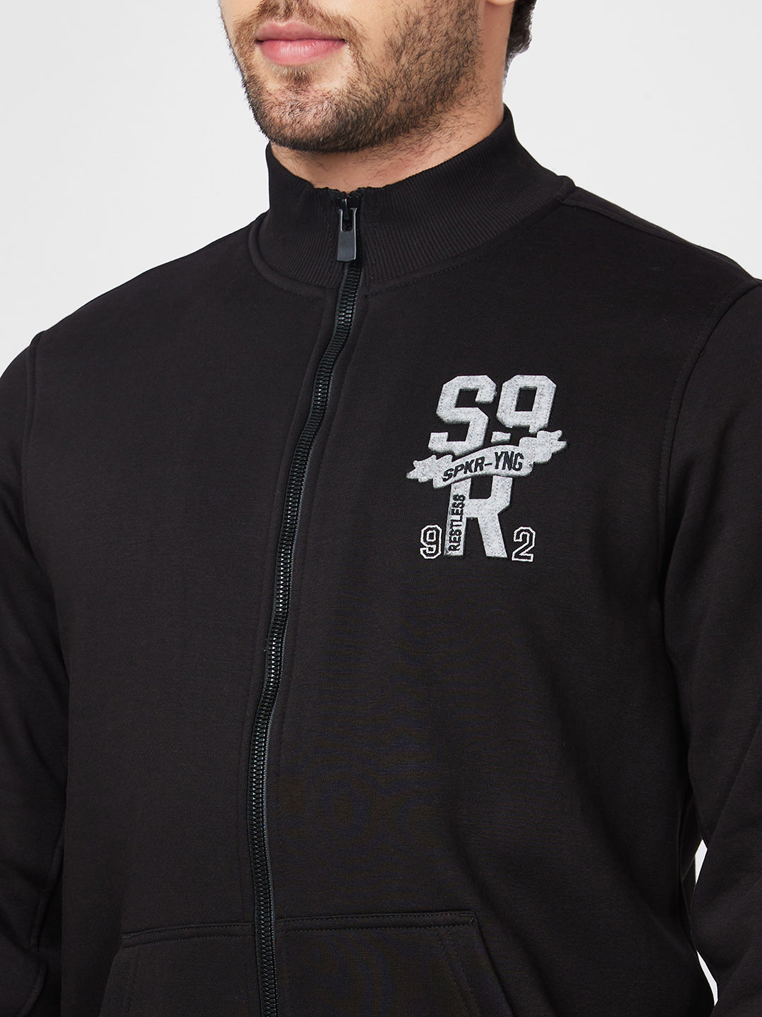 Spykar High Neck Full Sleeve Black Sweatshirt For Men