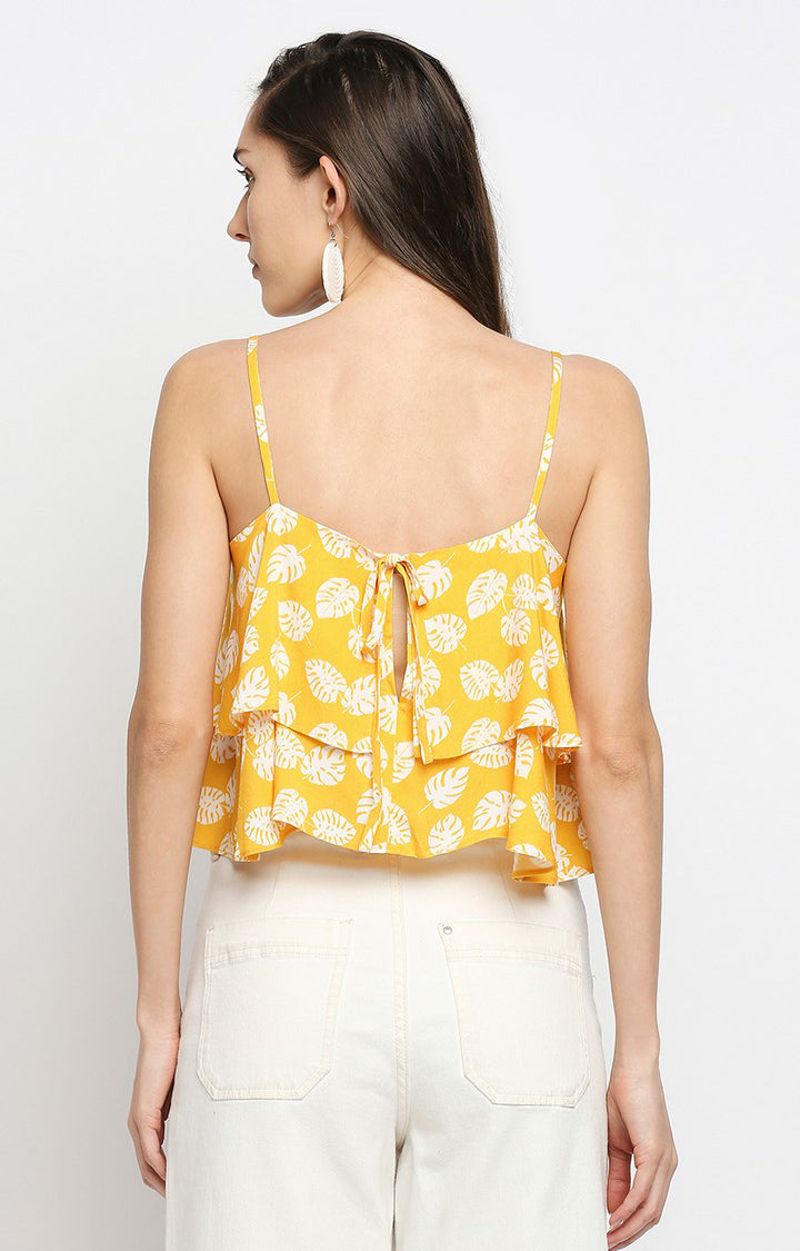 Spykar Women Yellow Viscose Floral Print Sleeveless Crop Top