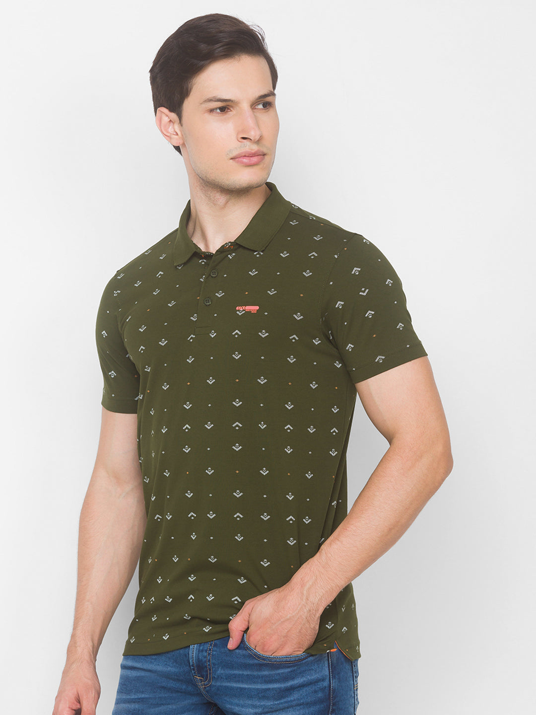 Spykar Men Green Cotton Slim Fit Polo T-Shirt