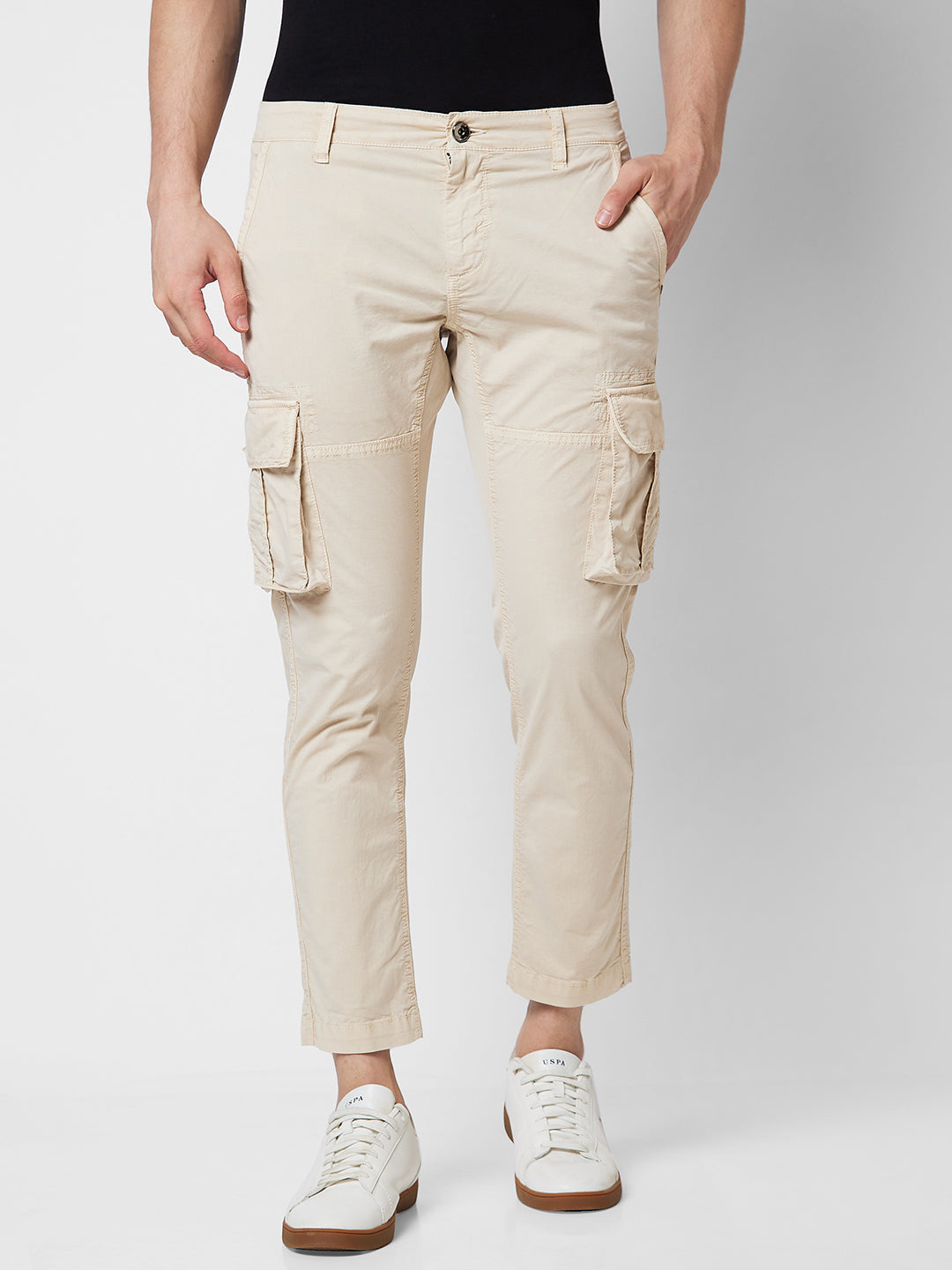 Spykar Mid Rise CARGO Beige Trousers For Men