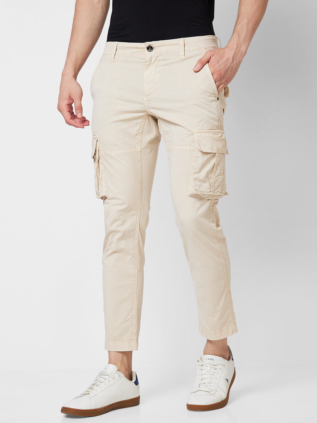 Spykar Mid Rise CARGO Beige Trousers For Men