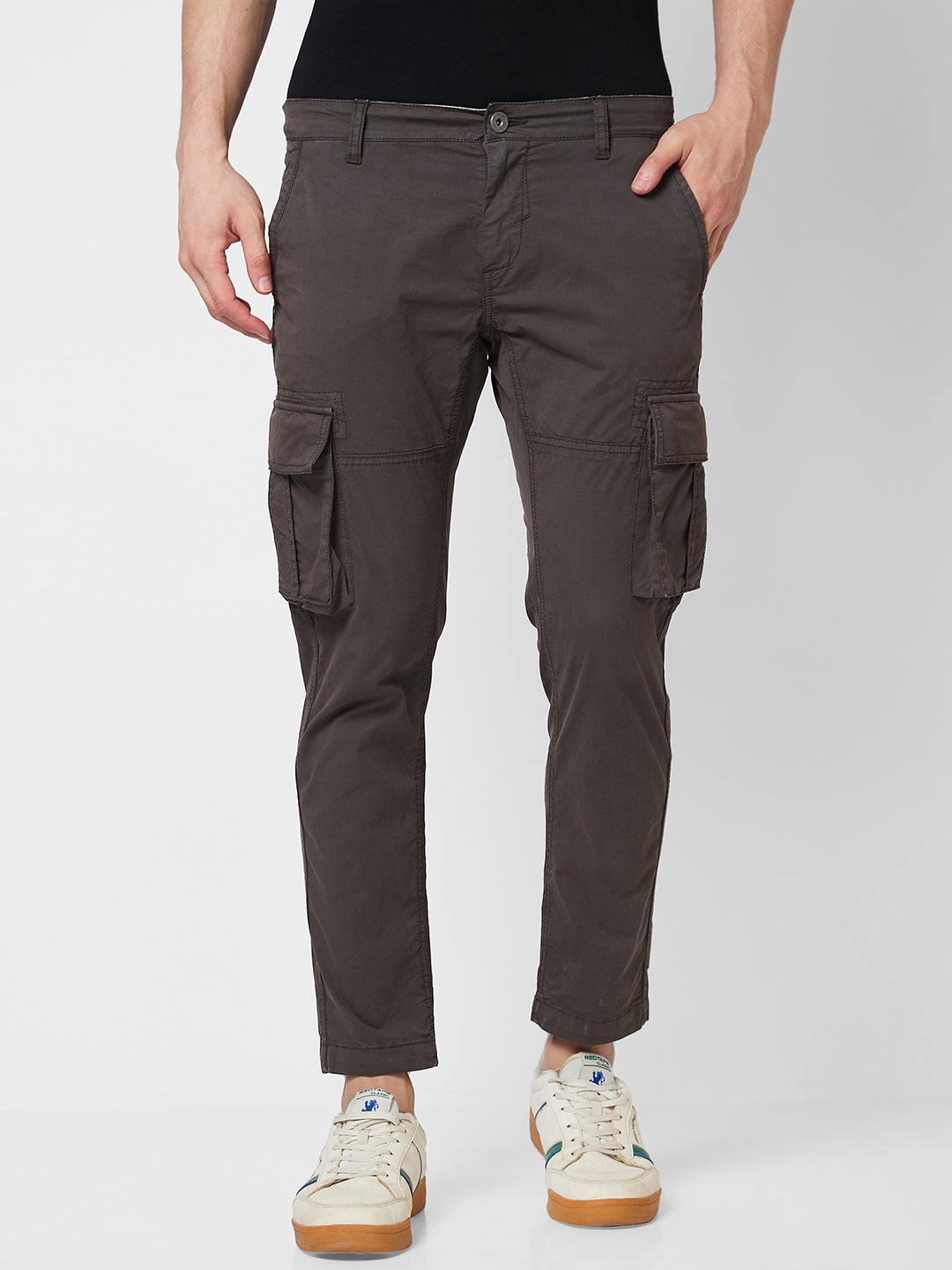 Spykar Mid Rise CARGO Grey Trousers For Men
