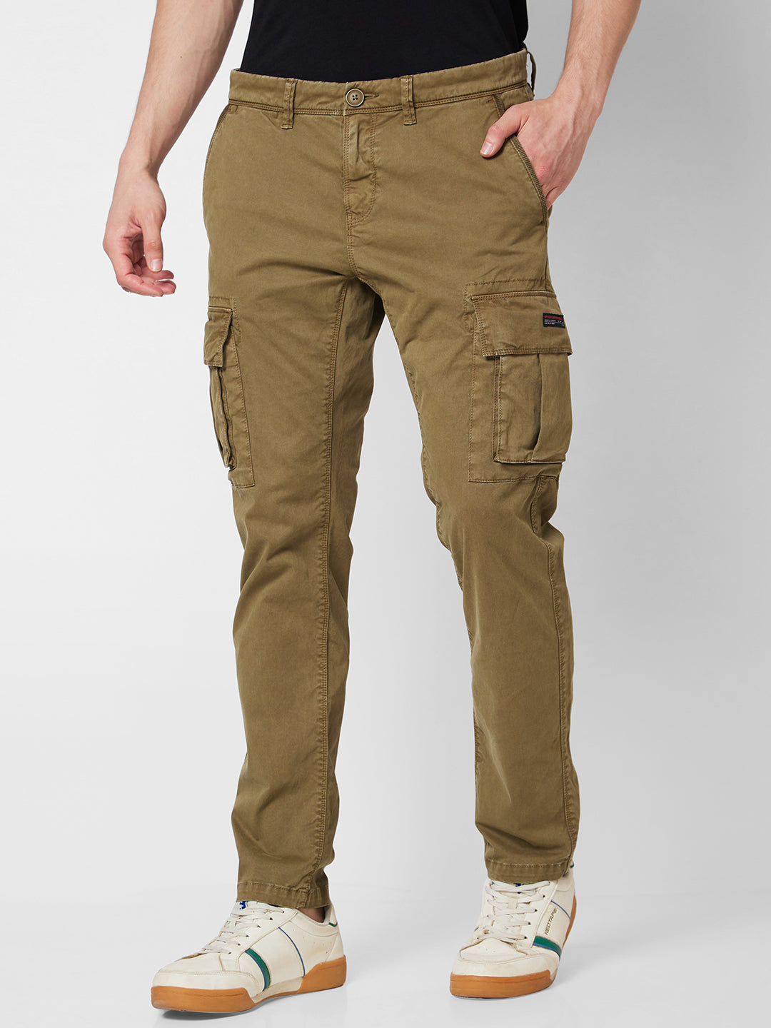 Spykar Mid Rise CARGO Green Trousers For Men