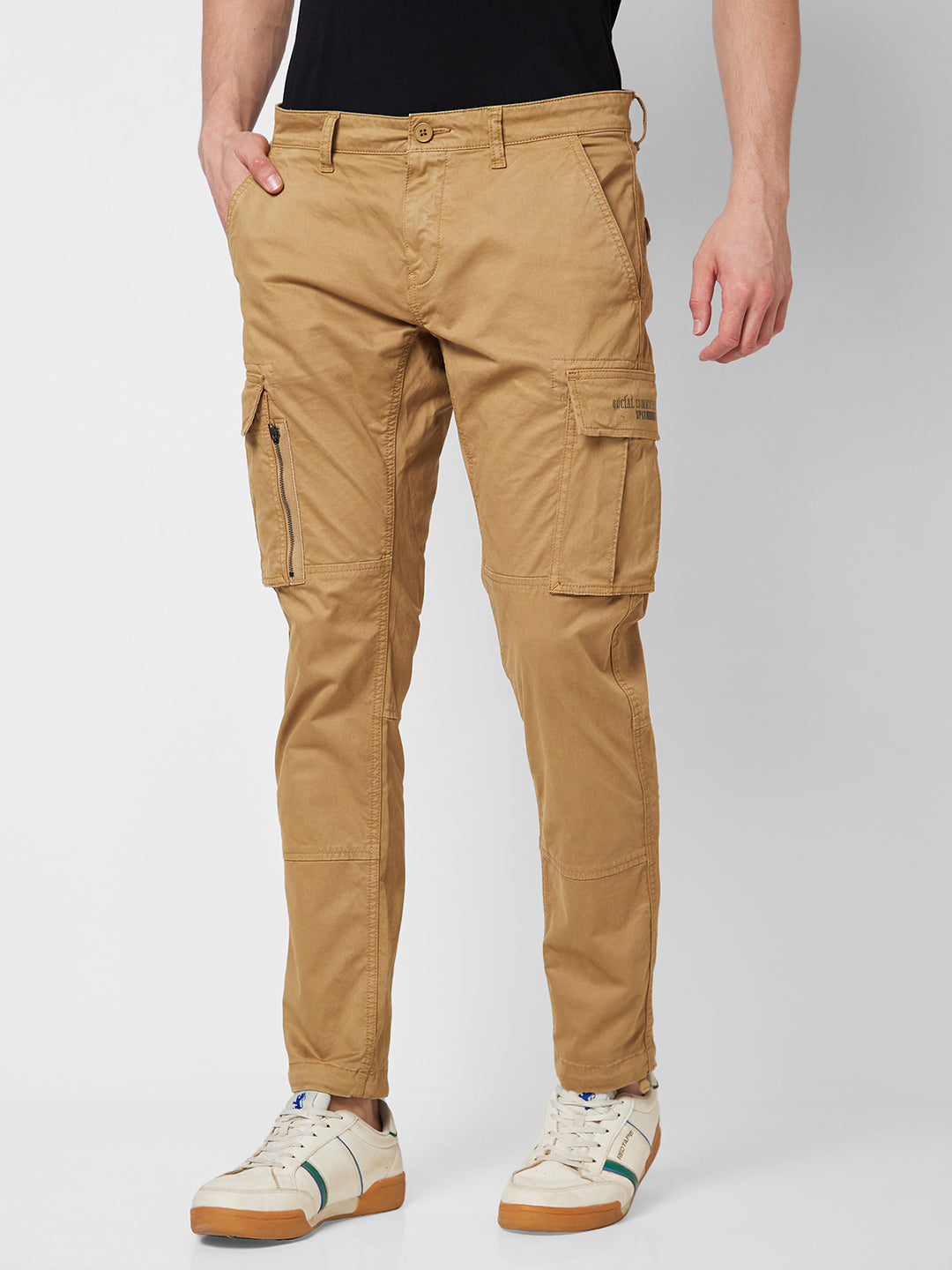 Spykar Mid Rise CARGO Khaki Trousers For Men