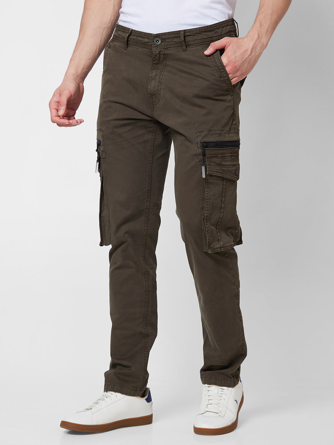 Spykar Mid Rise CARGO Green Trousers For Men