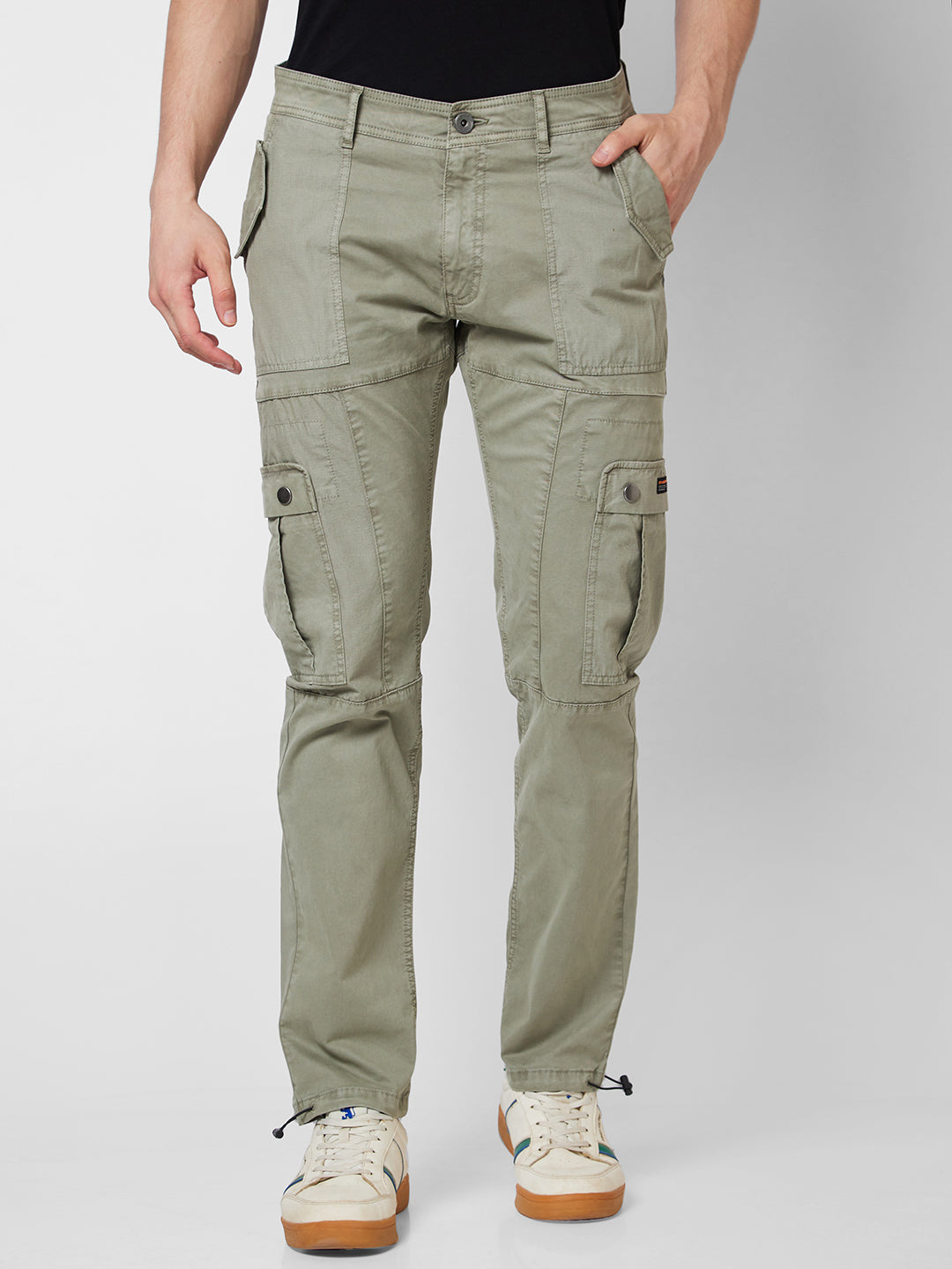 Spykar Mid Rise CARGO Green Trousers For Men