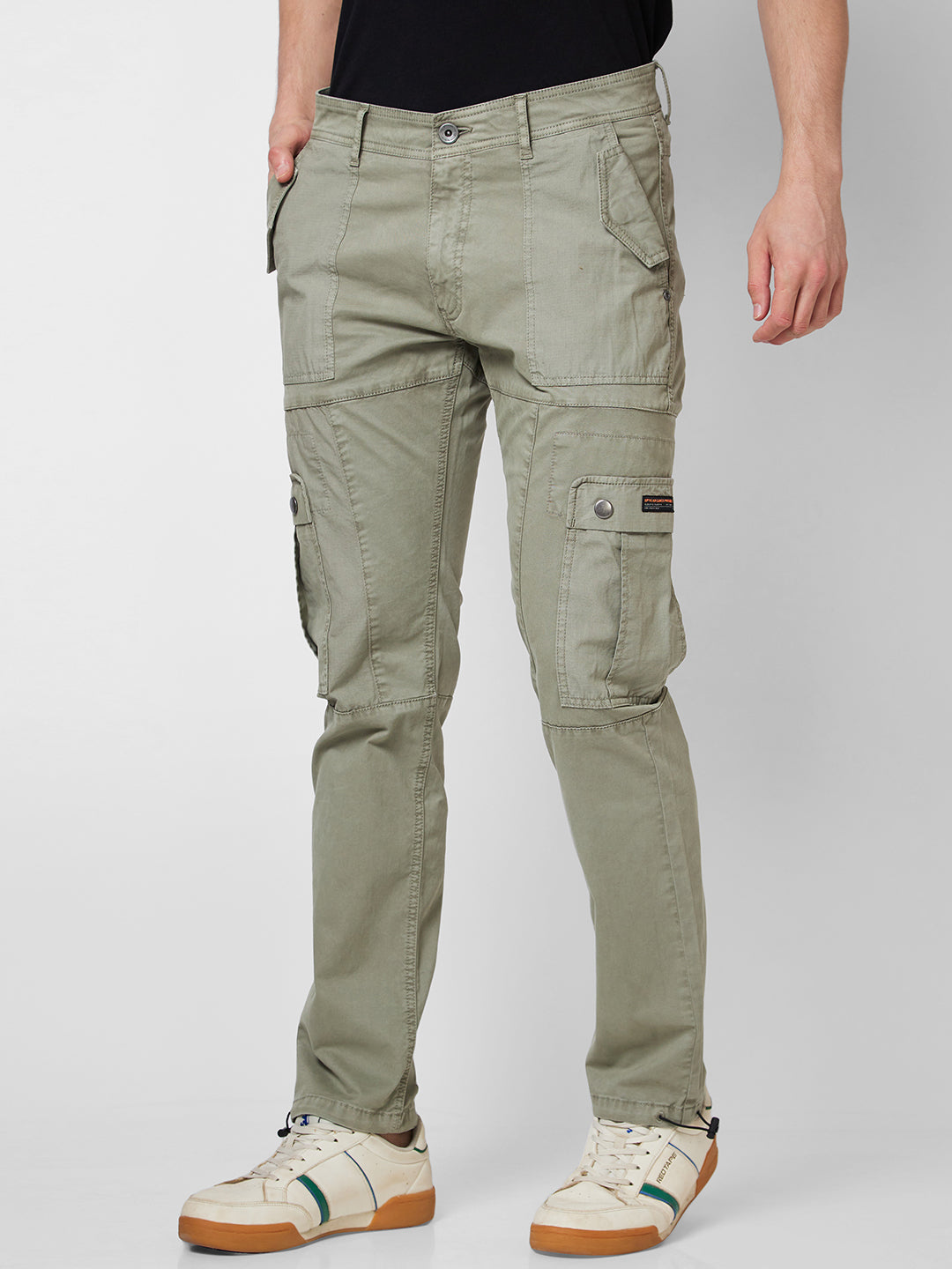 Spykar Mid Rise CARGO Green Trousers For Men