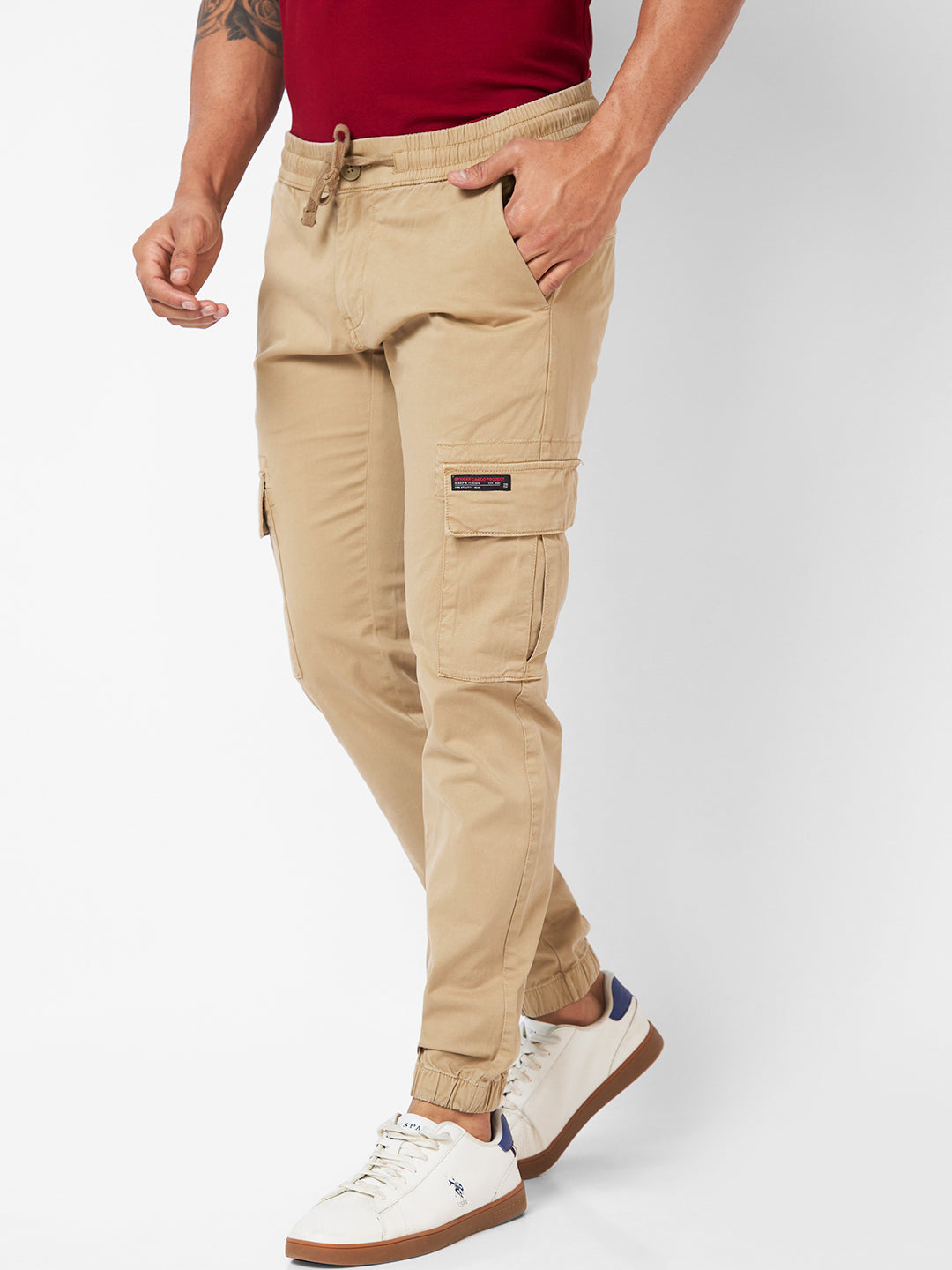 Spykar Mid-Rise Slim Fit Beige Trousers For Men