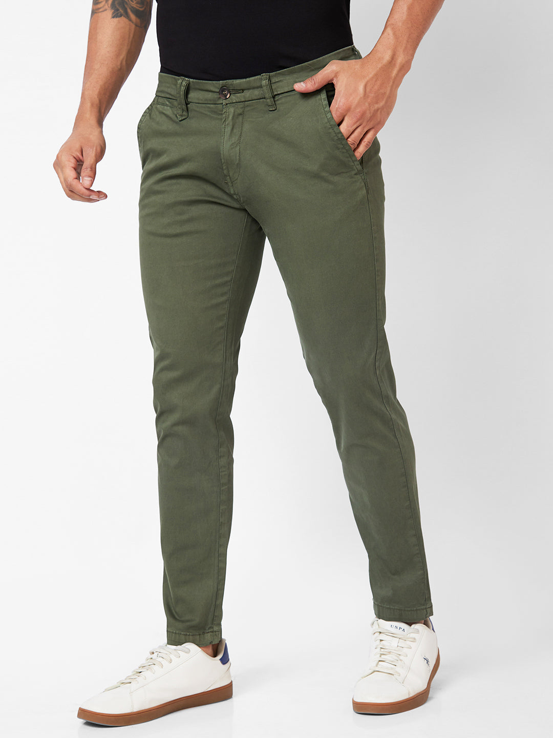 Spykar Mid-Rise Slim Fit Green Trousers For Men