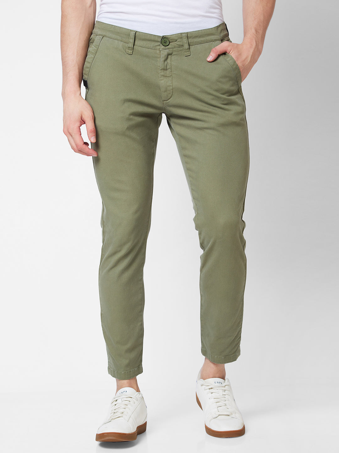 Spykar Mid Rise KANO Green Trousers For Men