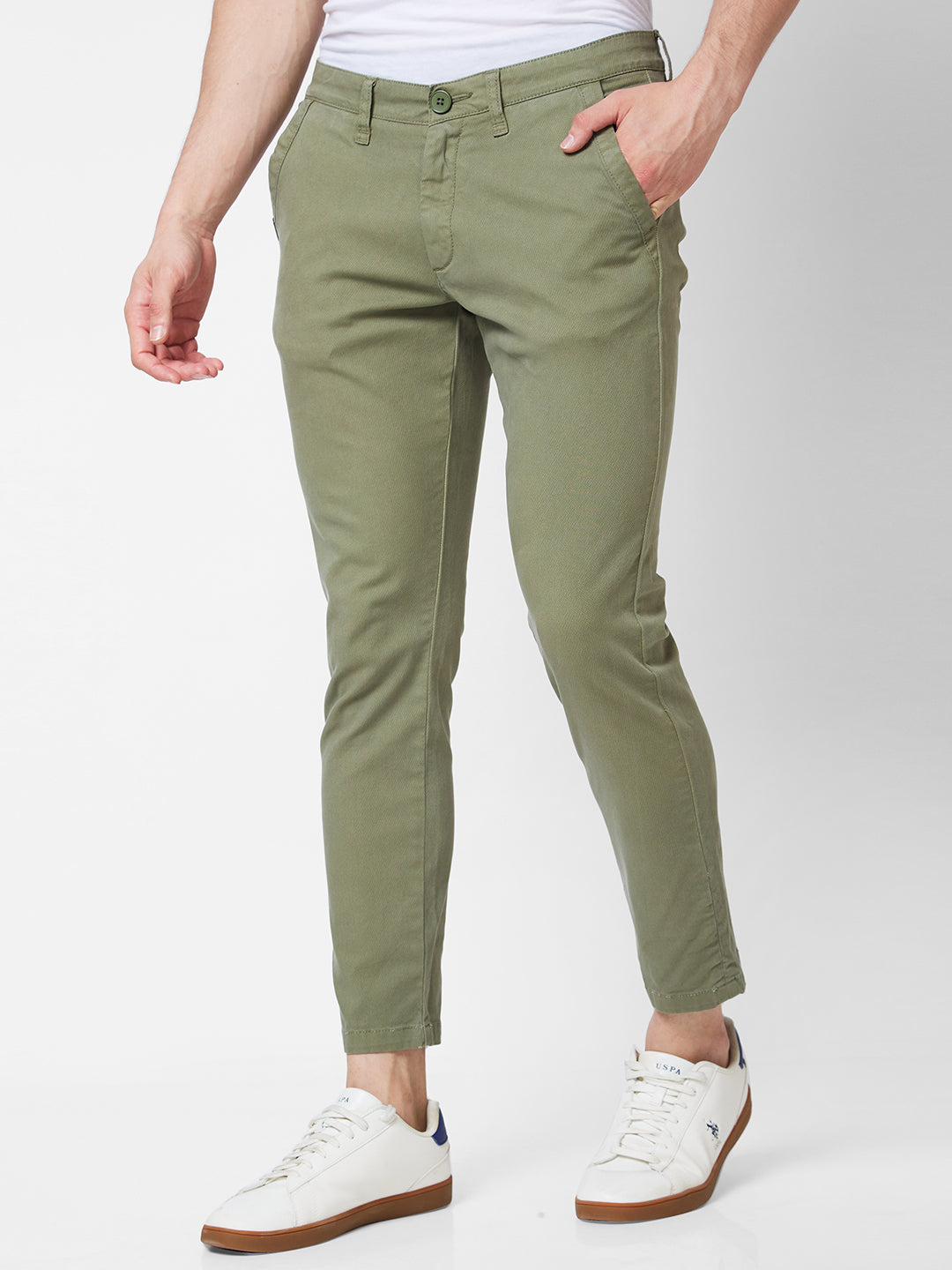 Spykar Mid Rise KANO Green Trousers For Men