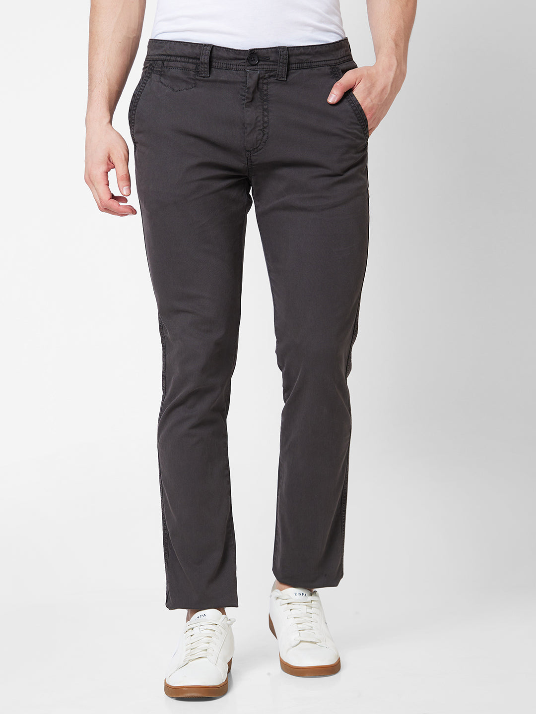 Spykar Mid Rise NEW RICO Grey Trousers For Men