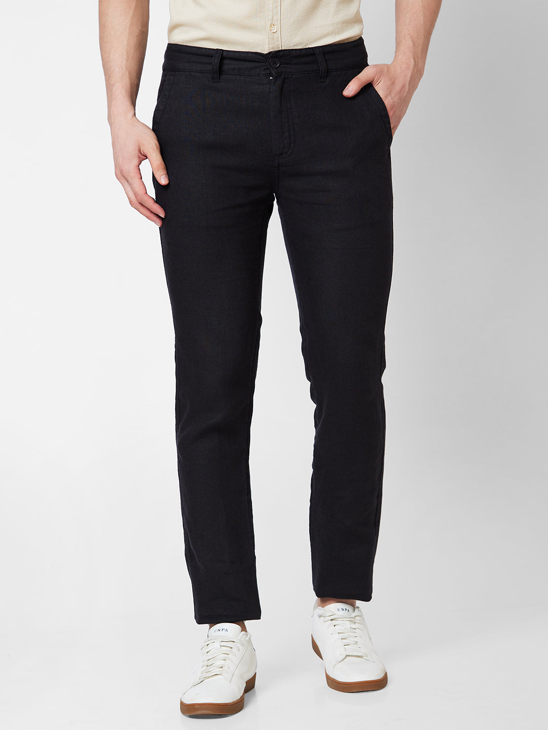 Spykar Mid Rise JOGGER Black Trousers For Men