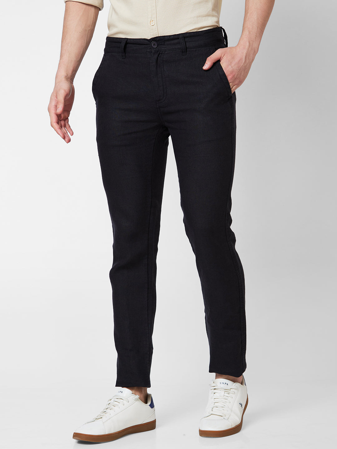 Spykar Mid Rise JOGGER Black Trousers For Men