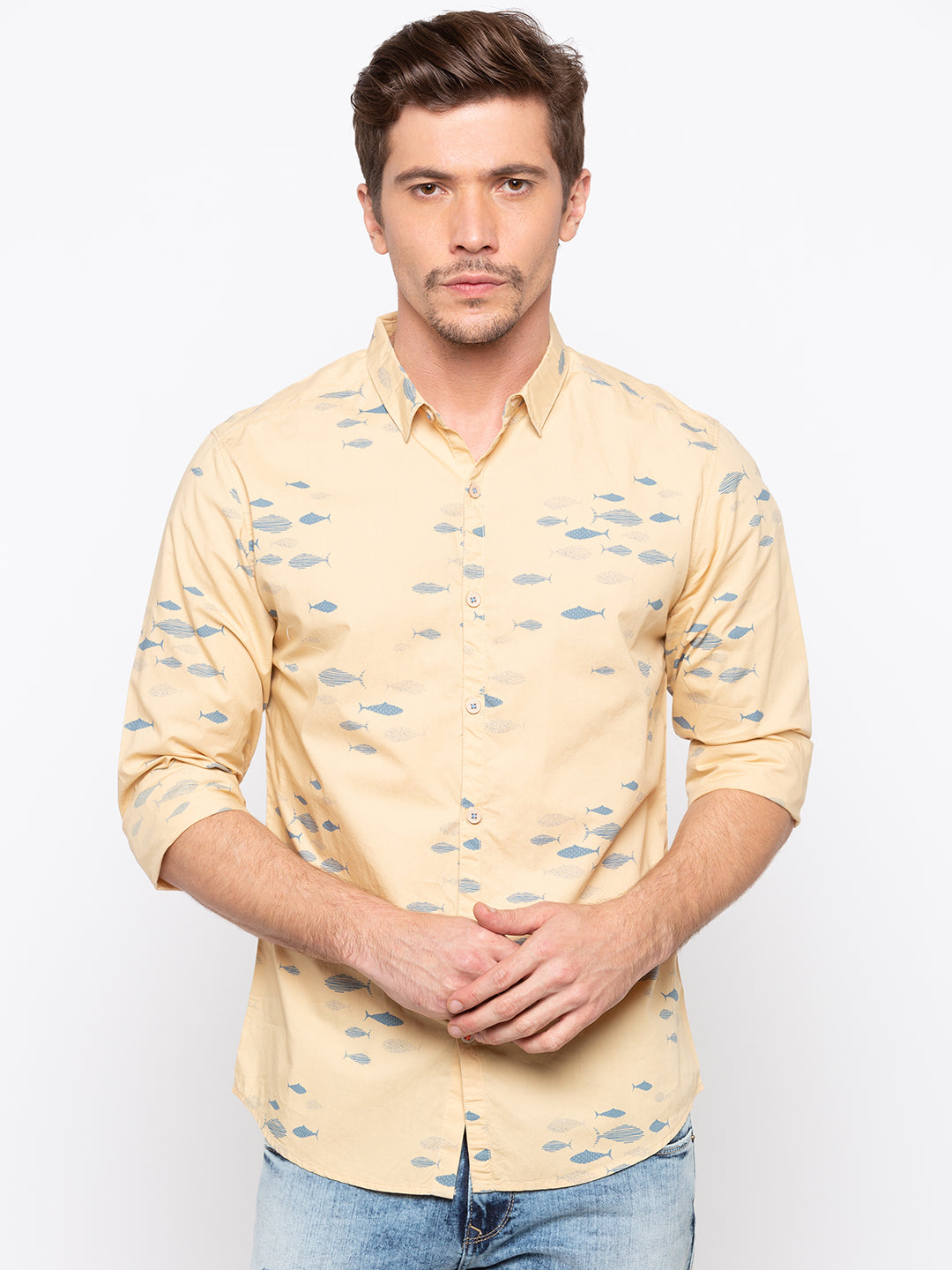 Spykar Men Beige Printed Slim Fit Casual Shirt