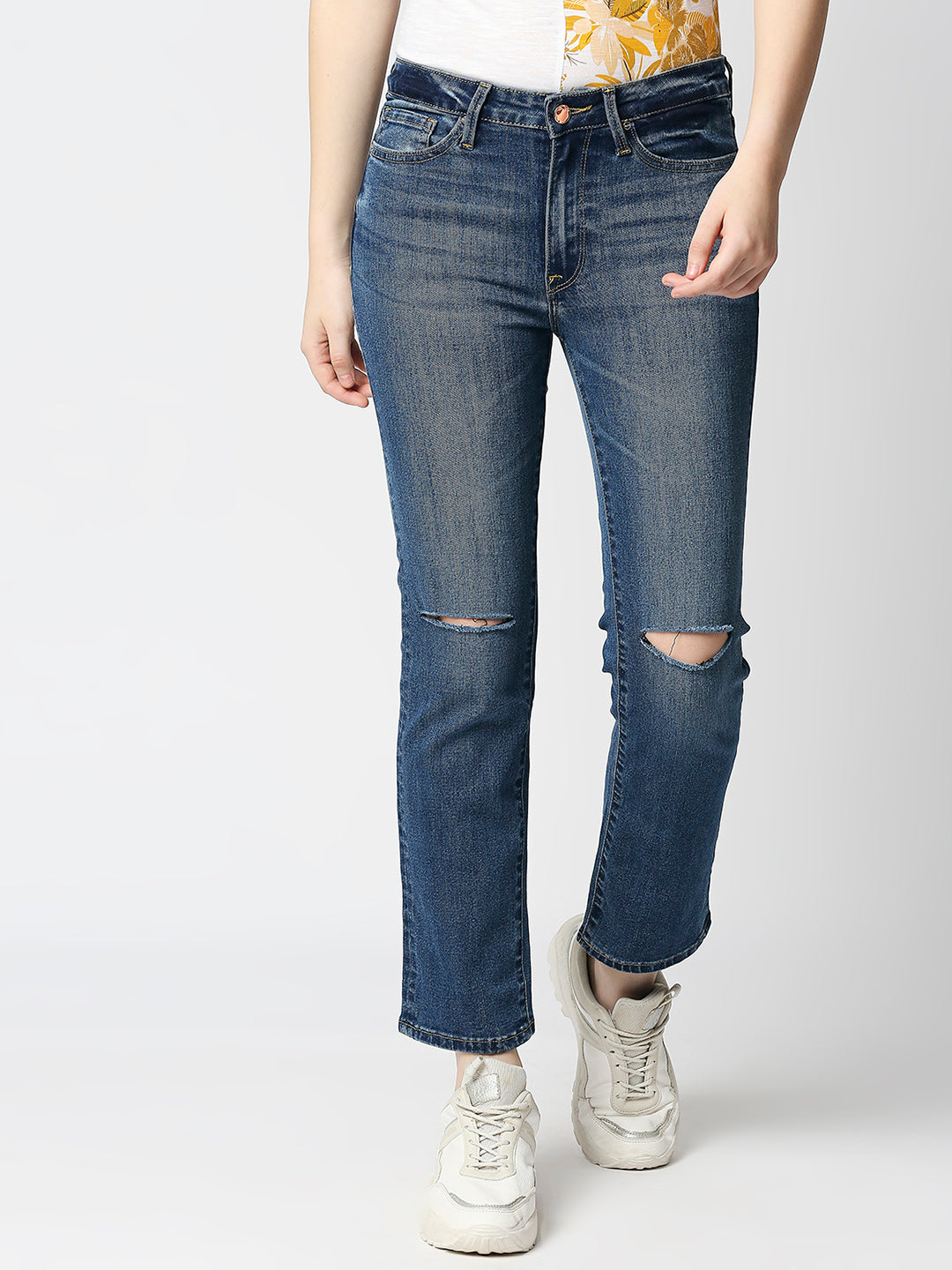 Spykar Women Blue Cotton Slim Straight Fit Ankle Length Jeans (Emelda)