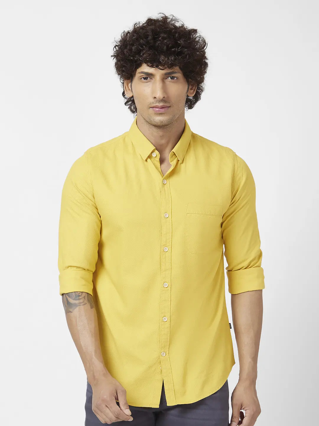 Spykar Men Sulphur Yellow Cotton Slim Fit Full Sleeve Plain Shirt