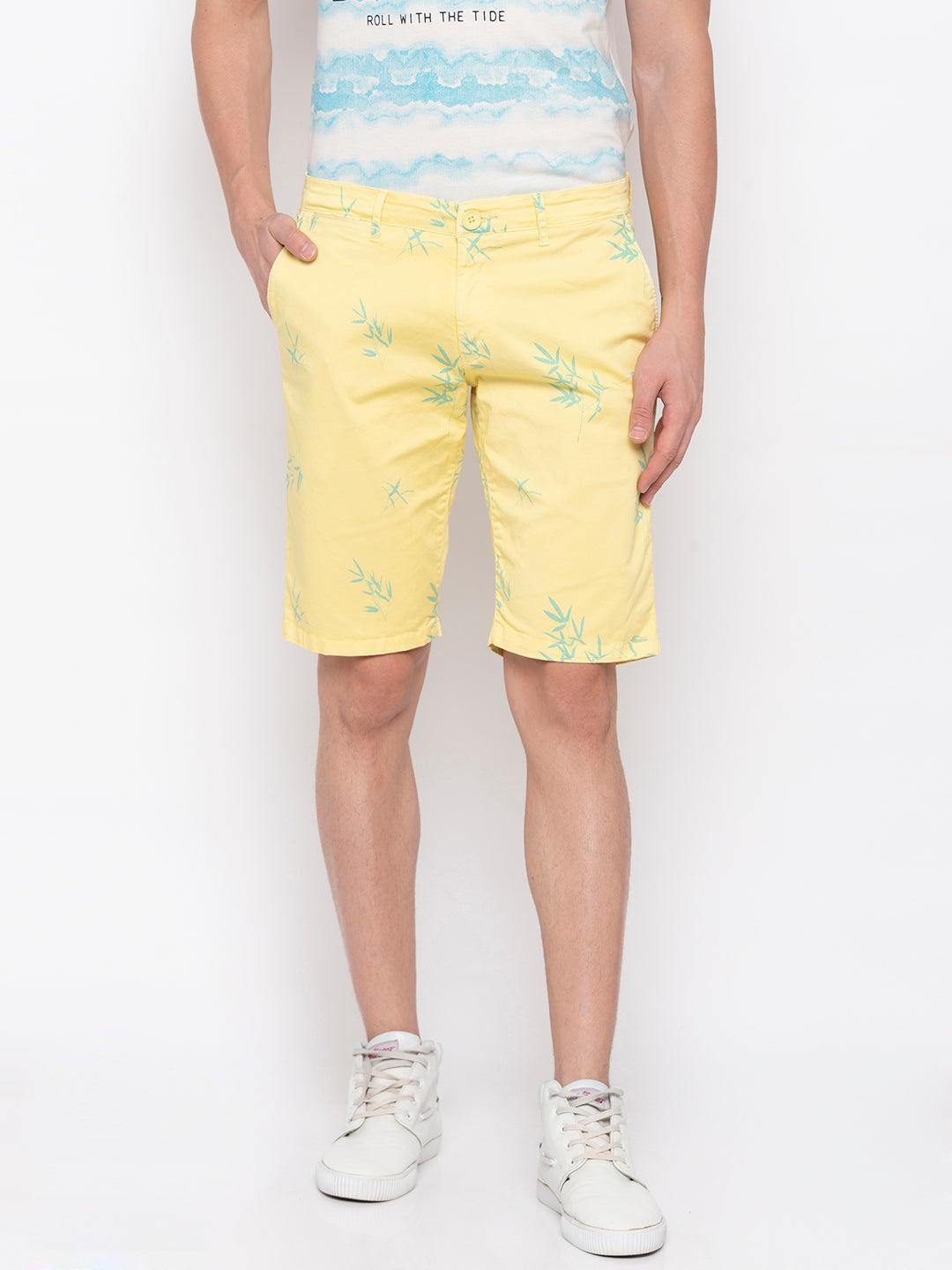 Spykar Men Butter Yellow Cotton Slim Fit Shorts