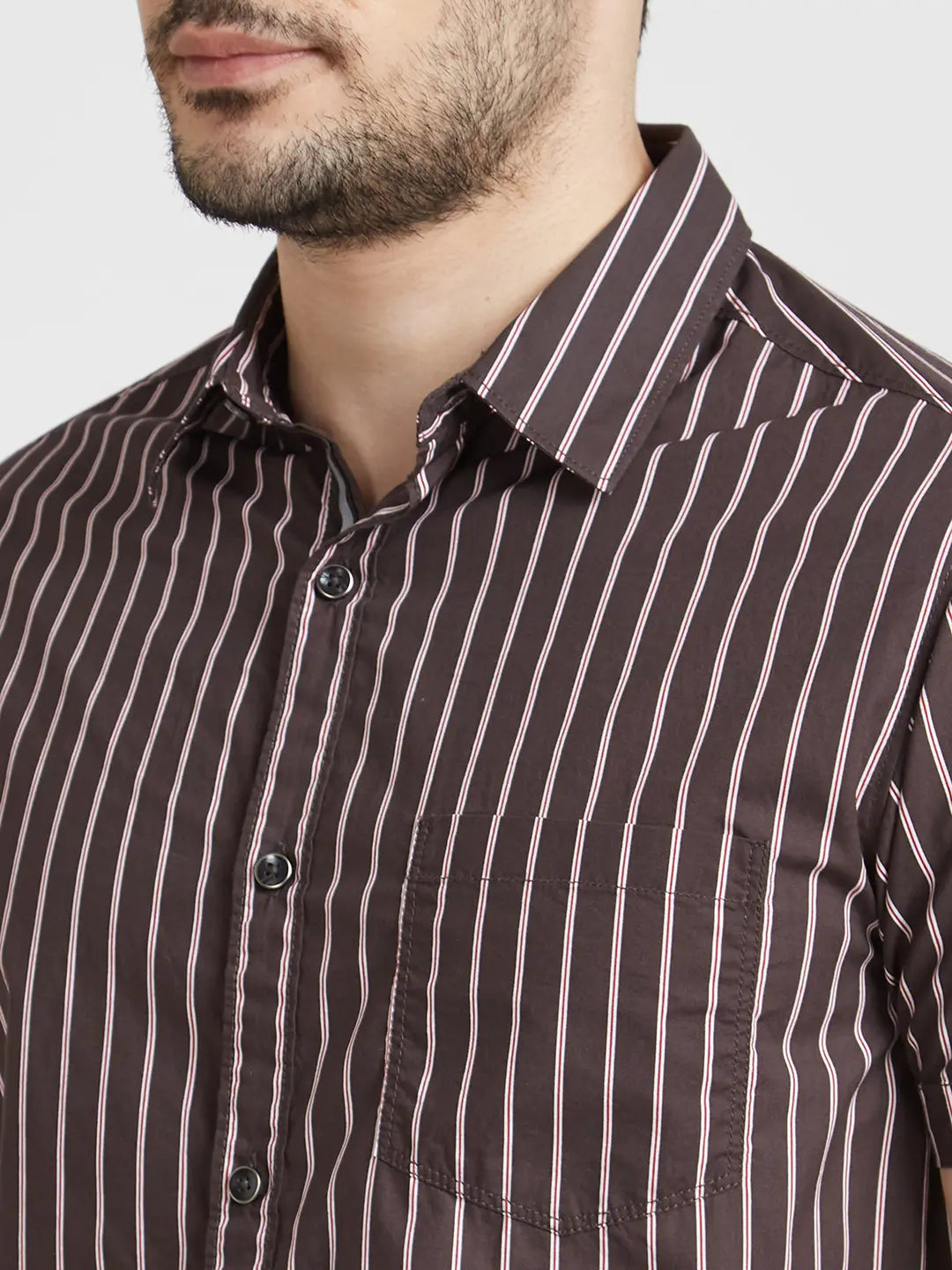 Spykar Men Charcoal Grey Poplin Slim Fit Half Sleeve Striped Shirt